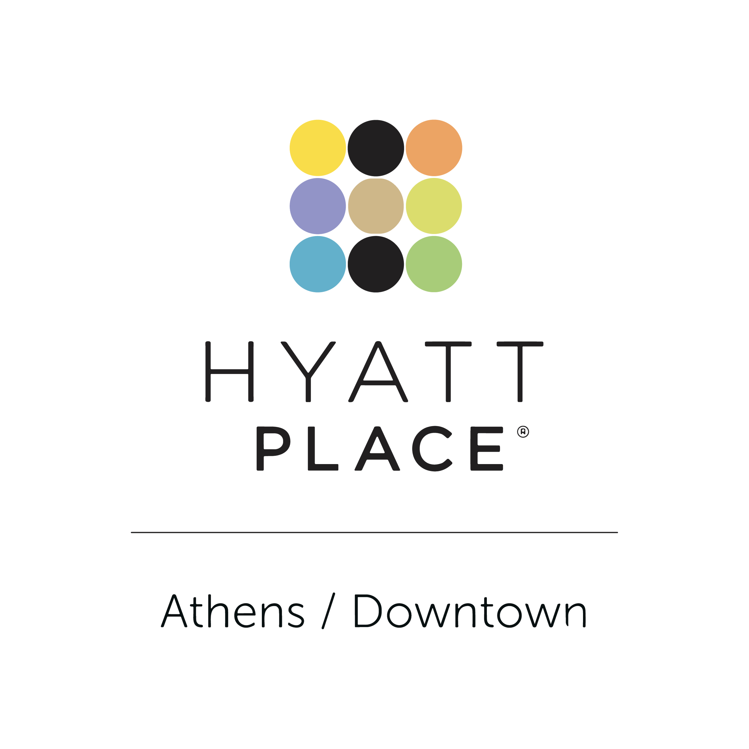Hyatt Place logo with colorful circles and text indicating location in Athens Downtown.
