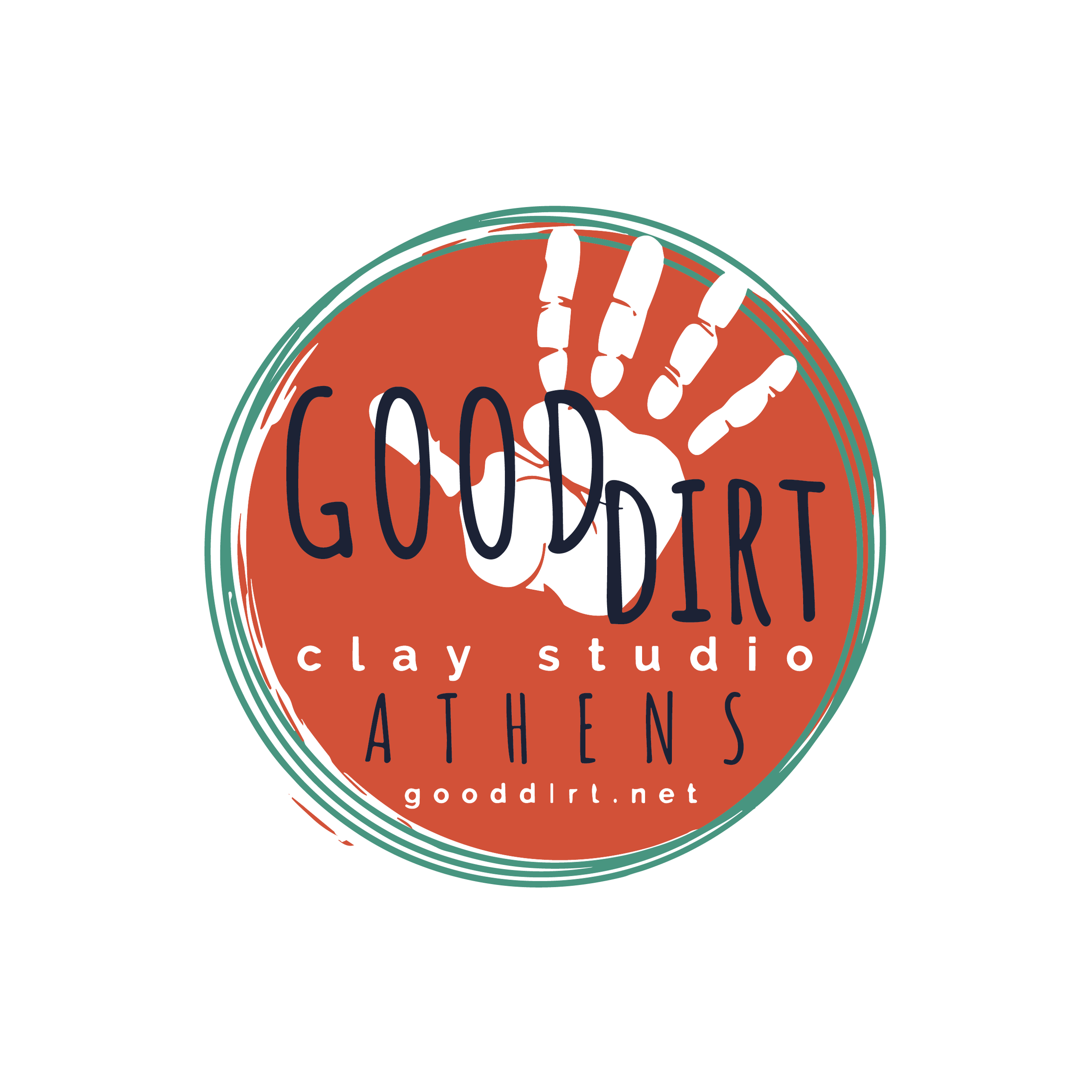 Circular logo for GoodDirt Clay Studio in Athens, featuring a white skeleton hand and bold text with the website gooddirt.net.