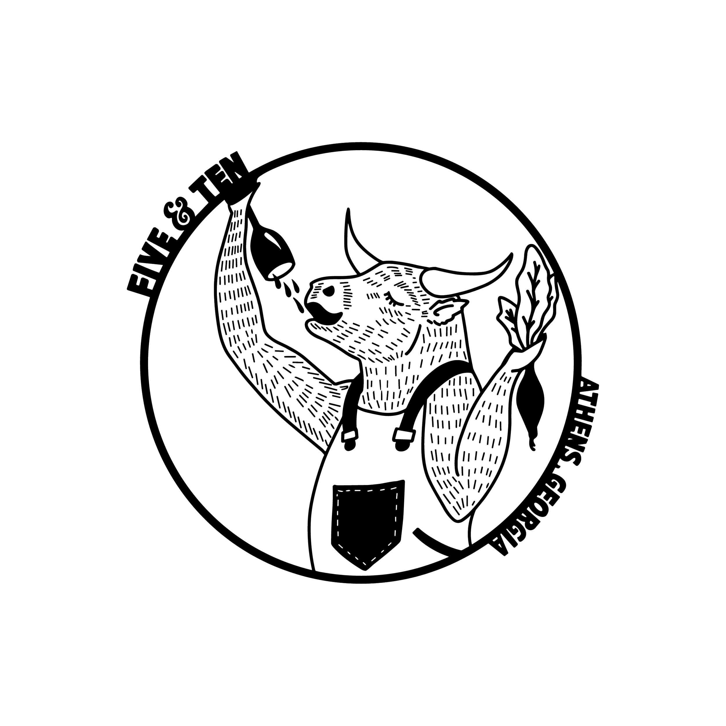 Line drawing of a circle with a bull's head in the center, drinking from a bottle, wearing a harness, and holding a leafy branch. Text around the circle reads "TE & TIKI" and "STUDIO & SANSEI".