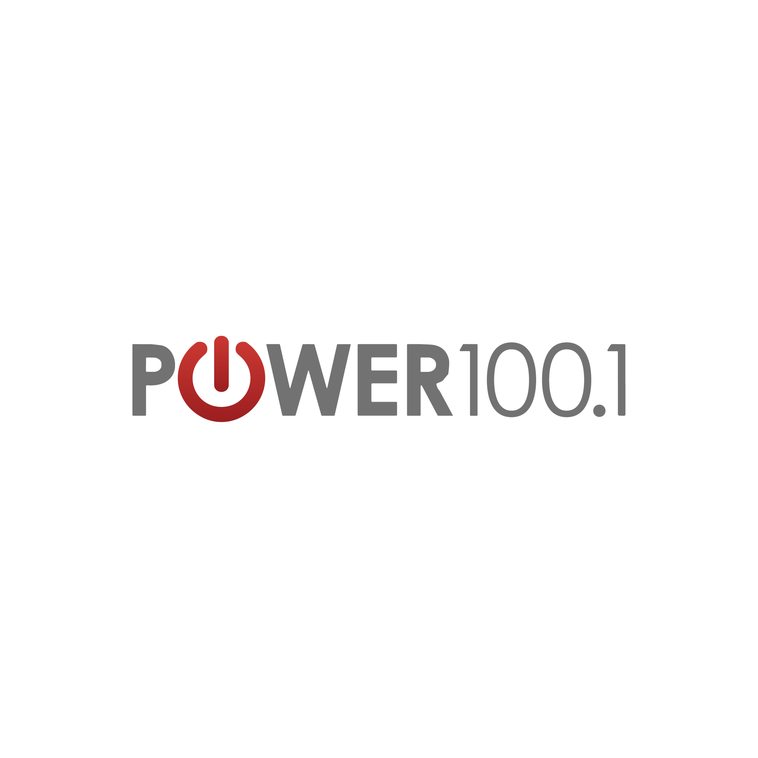 Logo for Power 100.1 with a black background, red power button symbol replacing the letter 'O' in 'POWER', and grey text.