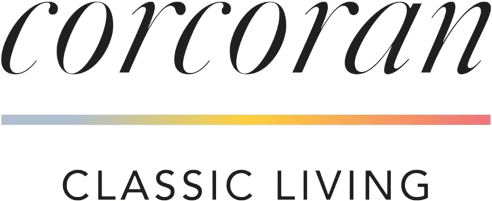 The Corcoran logo with a gradient color bar and the words 'The Corcoran Classic Living' in stylish font.