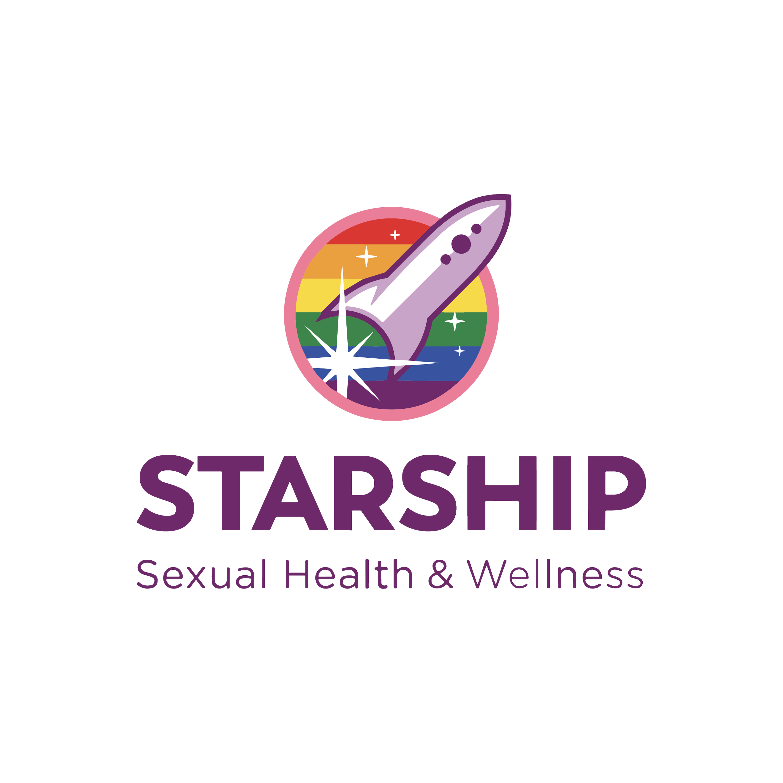 Logo for Starship Sexual Health & Wellness featuring a rocket ship over a rainbow background with rainbow stripes and star shapes.