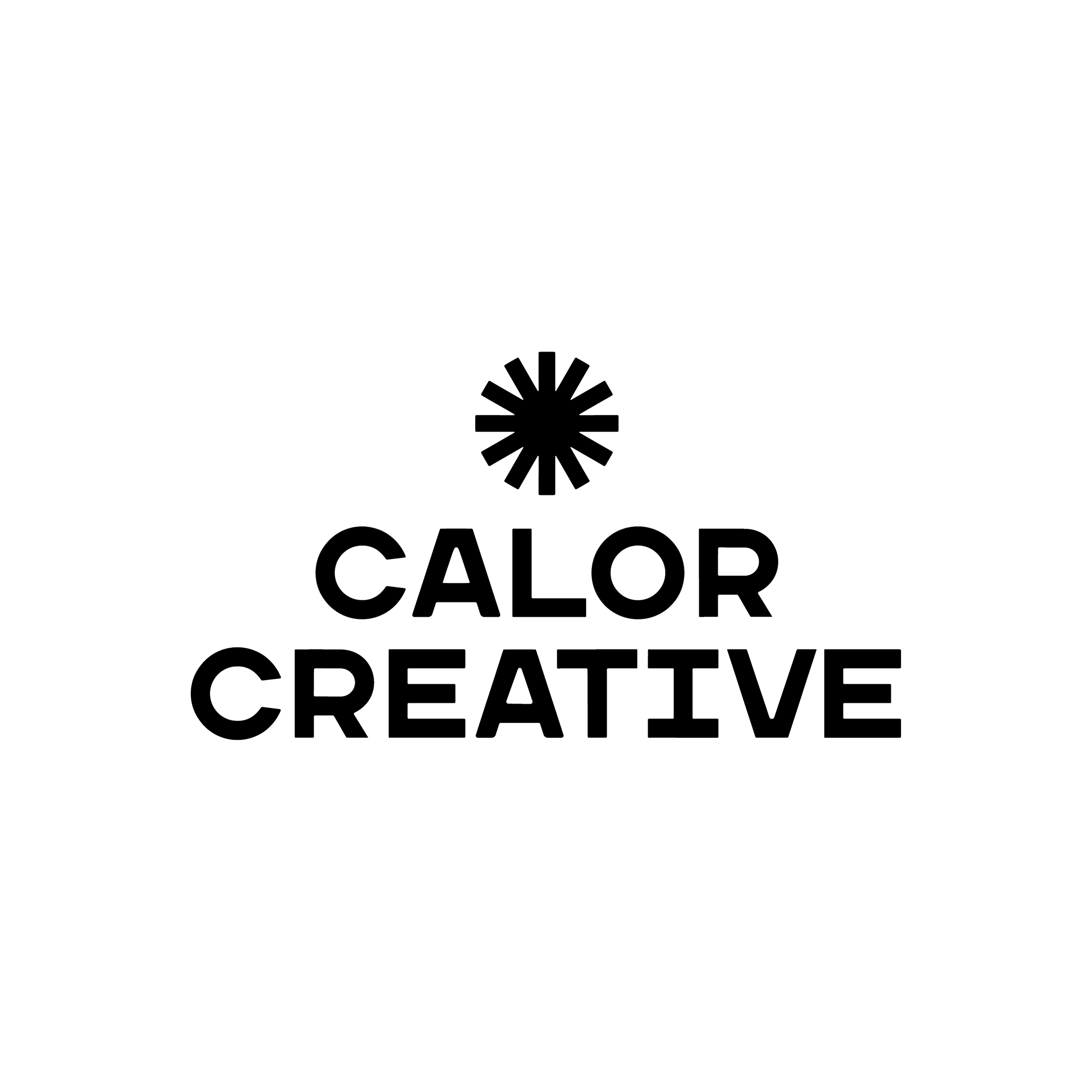 Logo featuring a stylized sun icon above the words 'Calor Creative' in bold, outlined text on a black background.