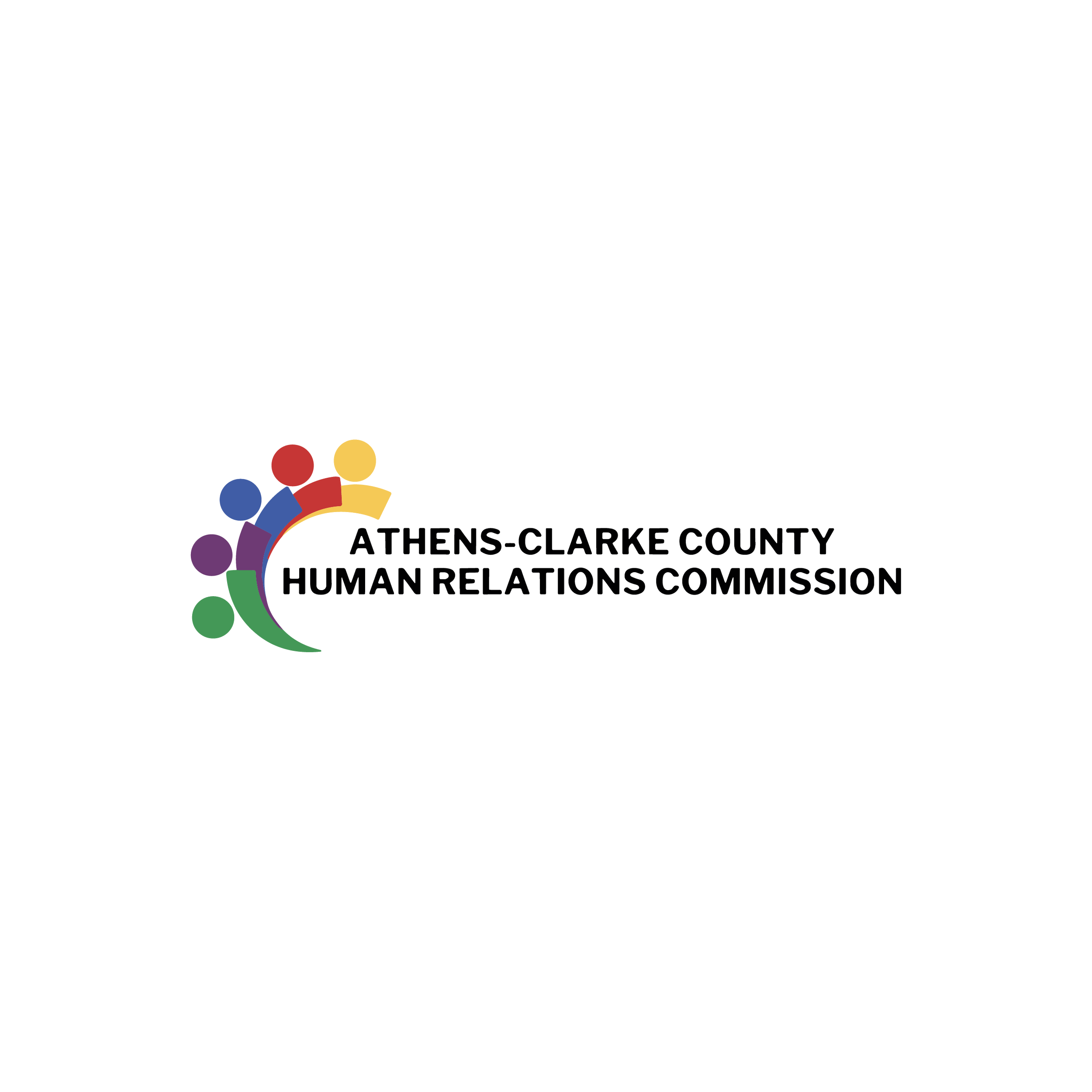 Logo of the Athens-Clarke County Human Relations Commission featuring six stylized human figures in purple, green, blue, red, yellow, and purple arranged in a circle on a black background, with the organization's name next to the figures.