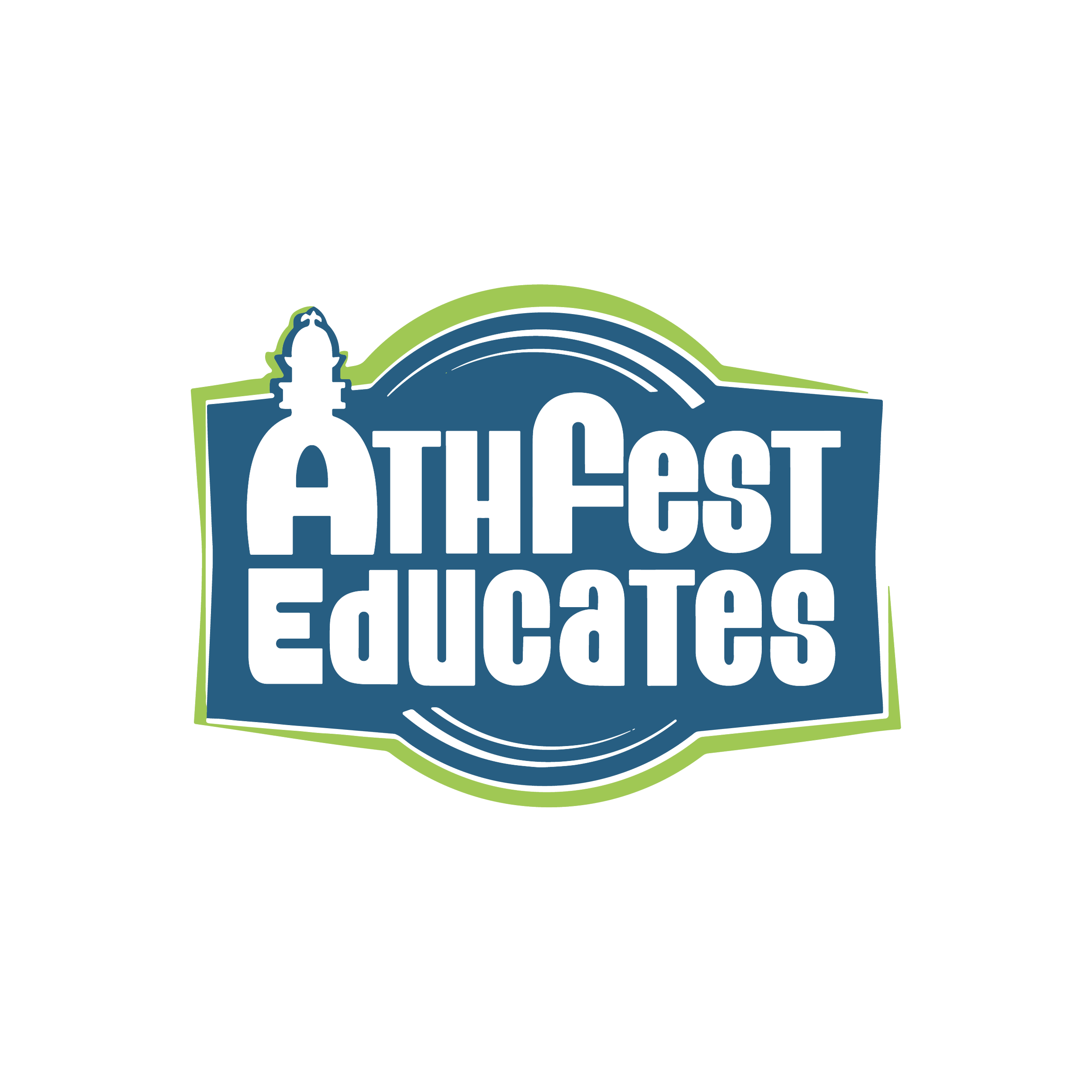 Logo for Athens Fest Educates featuring a stylized lighthouse in white on a navy blue background with green outline, with the text 'Ath Fest Educates' in bold white font.