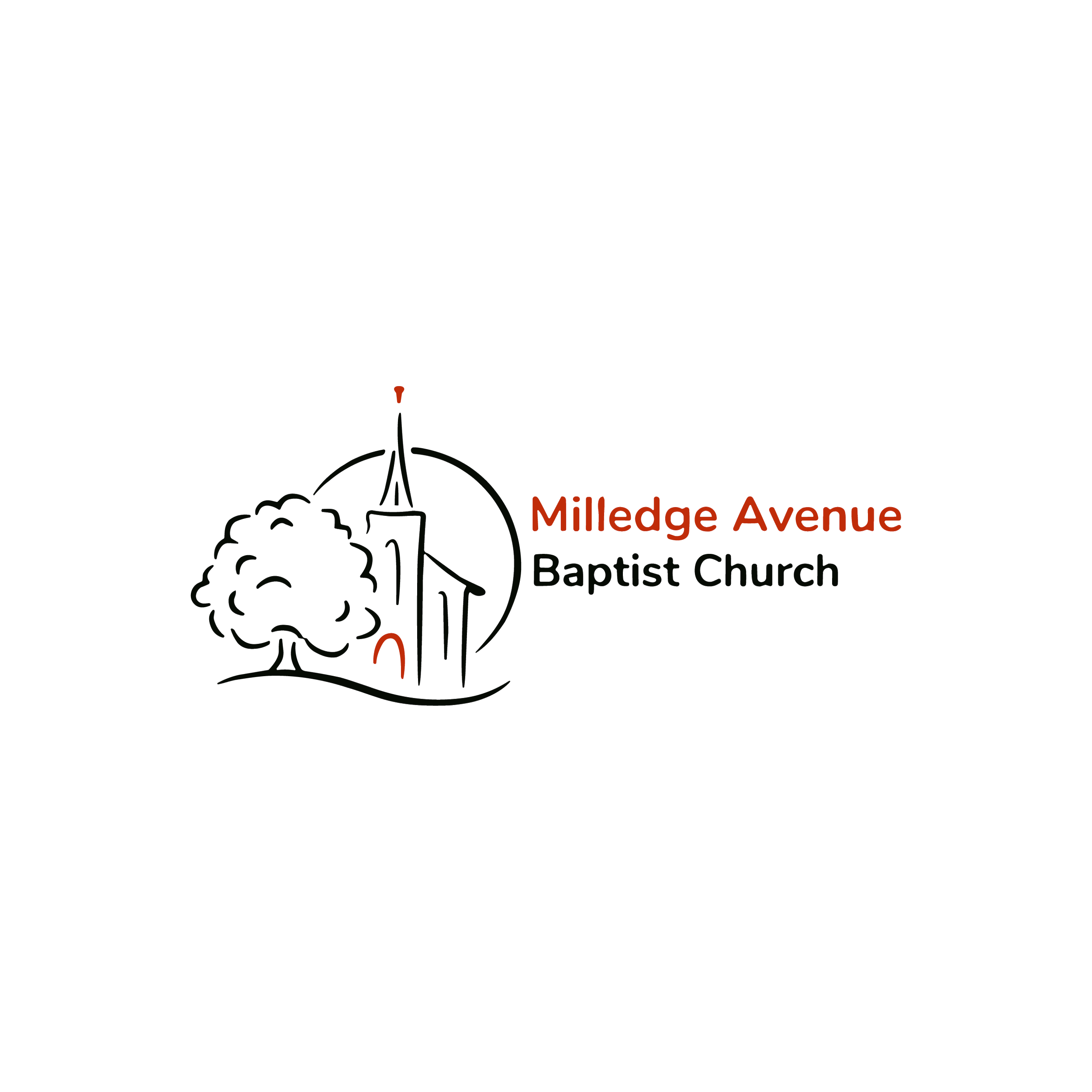 Logo for Milledge Avenue Baptist Church, featuring a stylized church building, a tree, and a clock tower with a cross on top, in black, gray, and red colors.