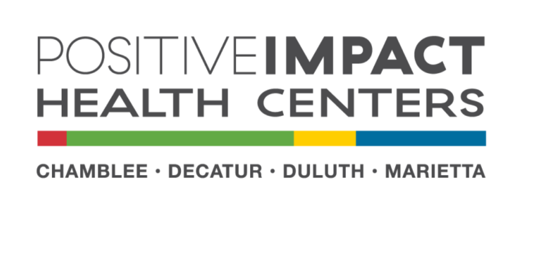 Logo for Positive Impact Health Centers featuring a multicolored horizontal bar and text indicating locations in Chamblee, Decatur, Duluth, and Marietta.