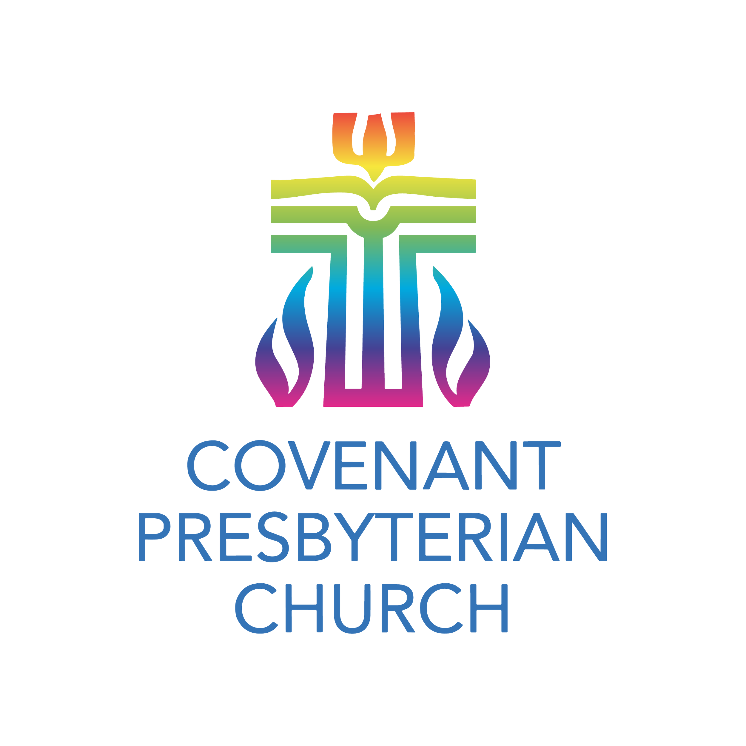 Colored logo of a church with a cross and flames above, with the text 'Covenant Presbyterian Church' below.