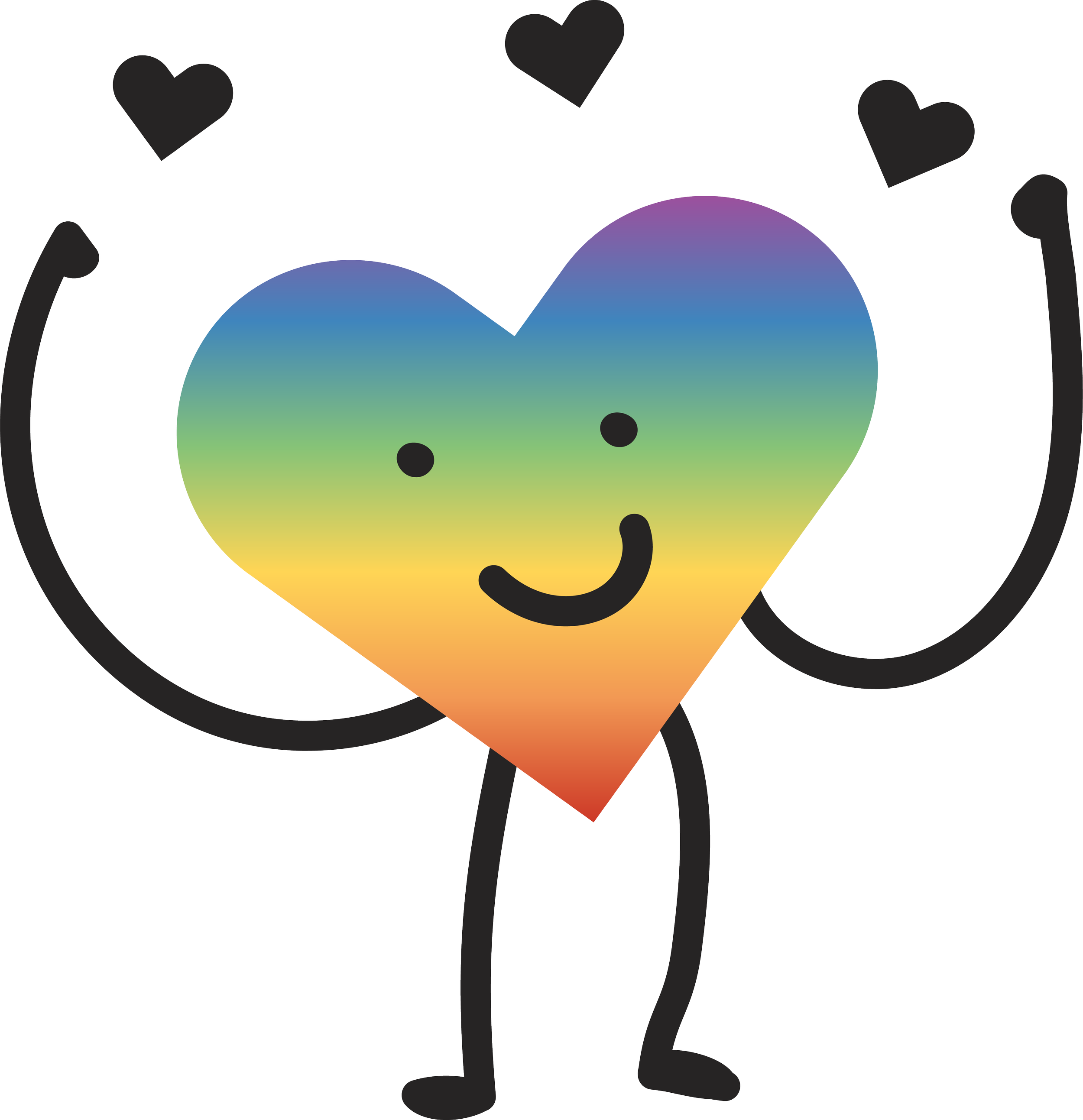 Cartoon character with a rainbow-colored heart-shaped face, smiling, with arms holding a large camera.