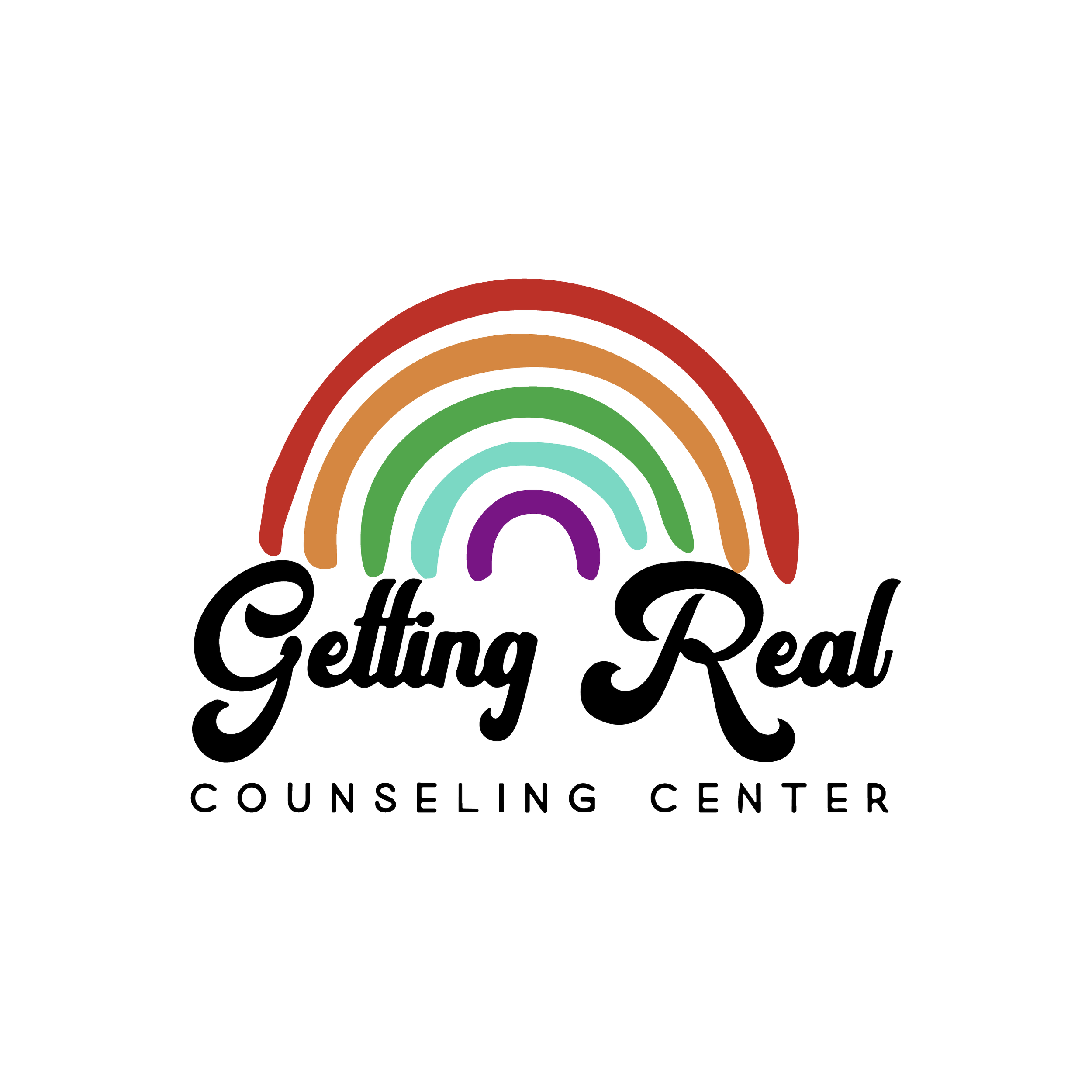 Logo for Getting Real Counseling Center featuring a rainbow with seven colors and the name in black script font.