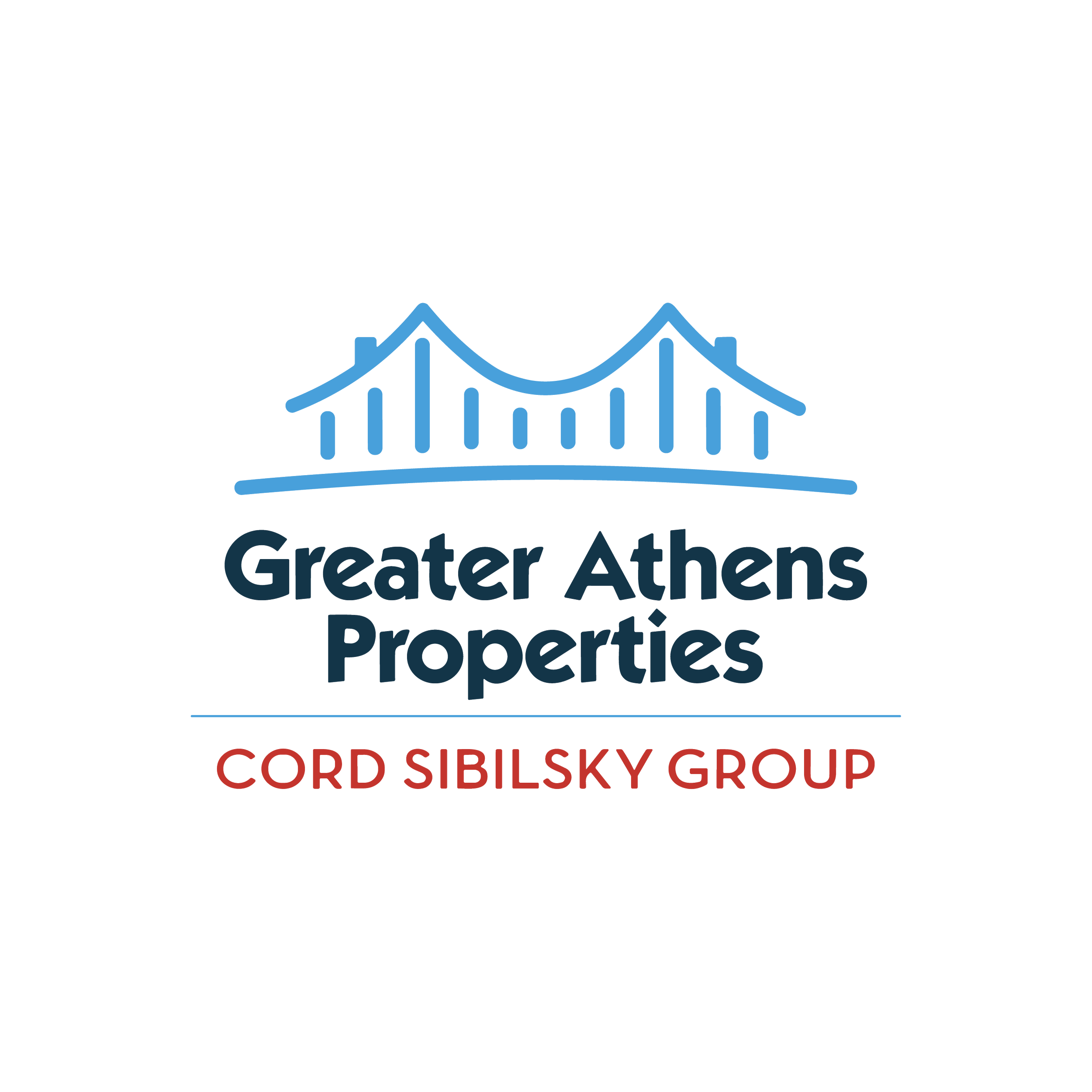 Logo of Greater Athens Properties, featuring a stylized blue house with a sloped roof and multiple windows, and the text 'Greater Athens Properties' and 'Cord Sibley Group' in red.