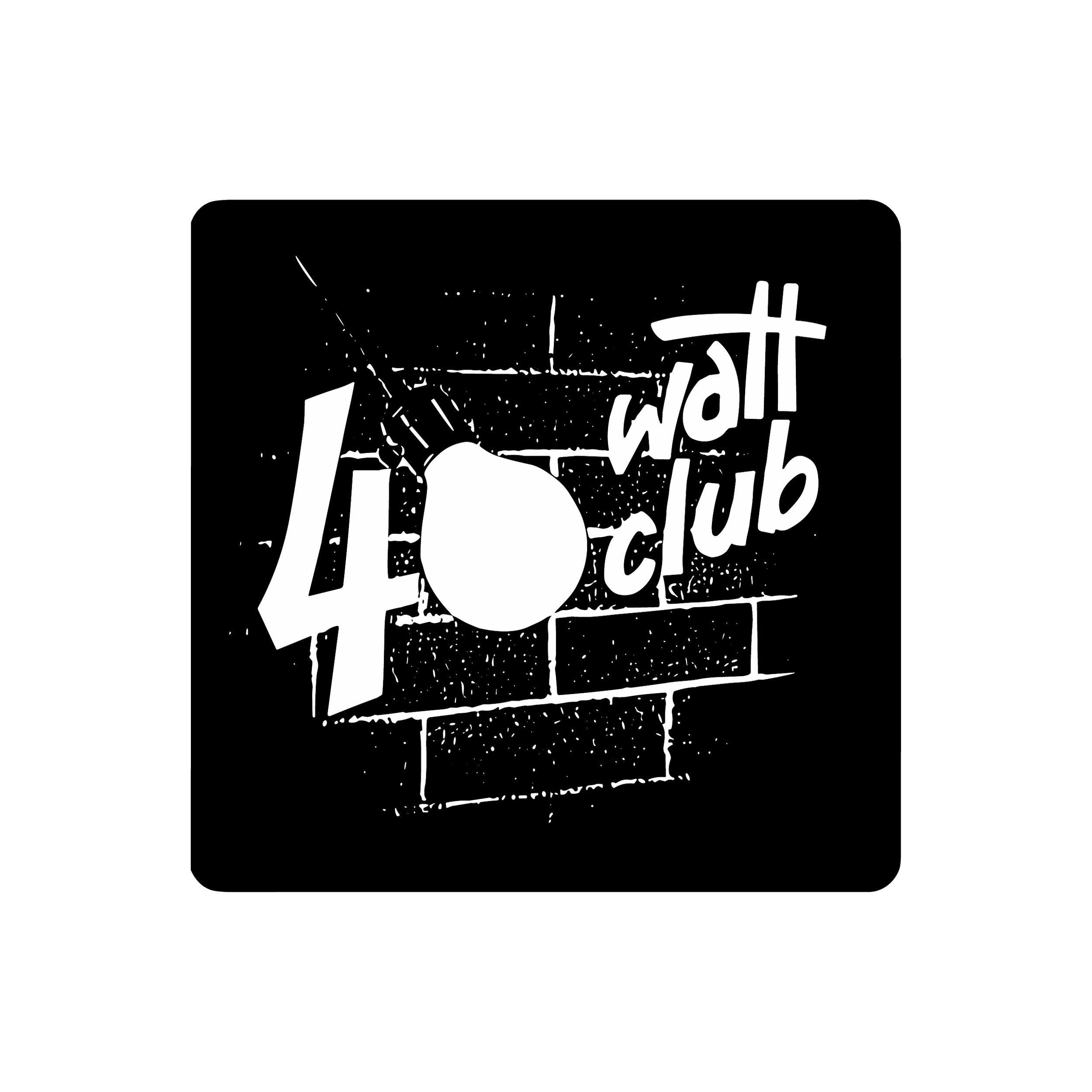 Black and white logo for 40 Watt Club in Athens, GA with text and a brick wall background.