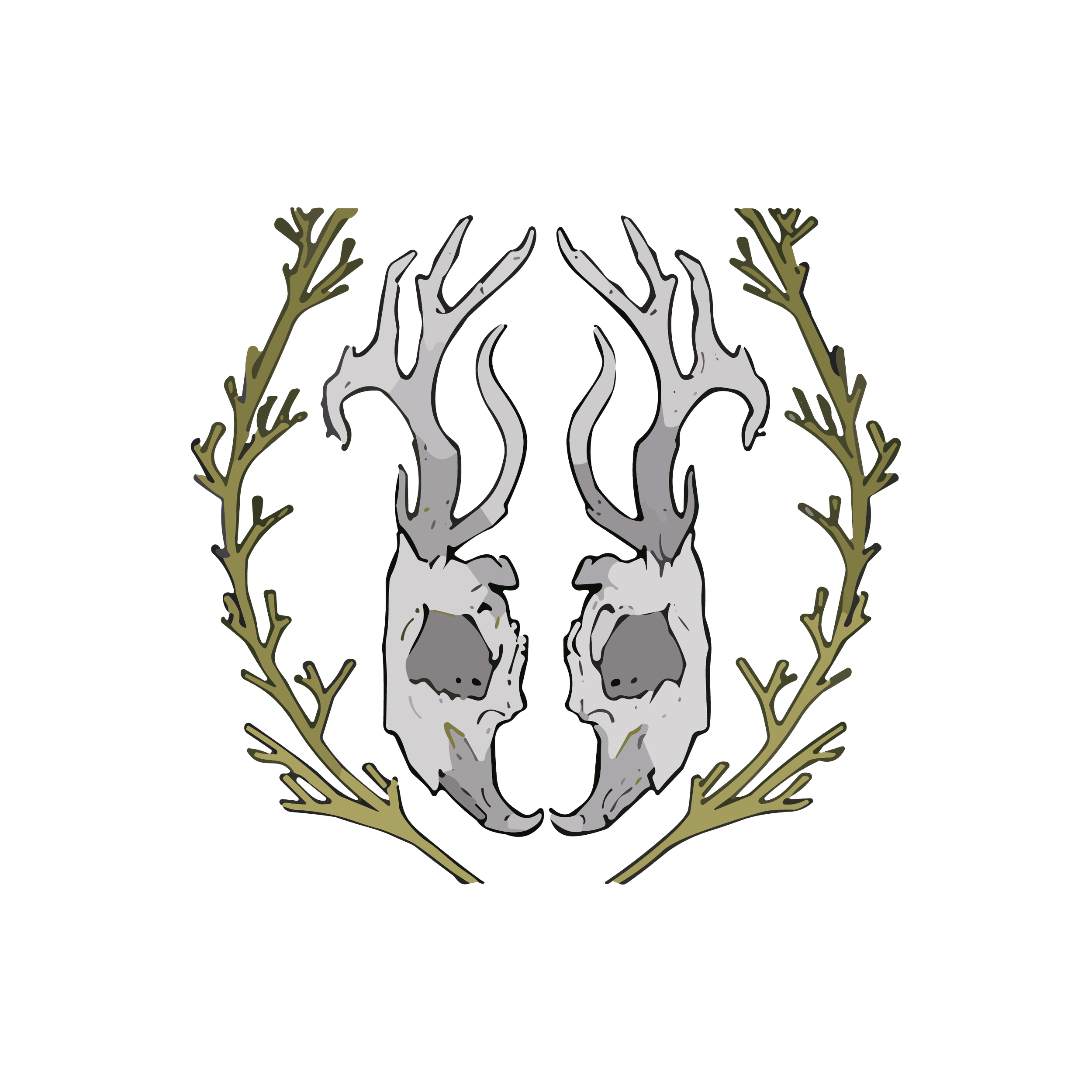 Illustration of a deer skull with antlers, surrounded by a laurel wreath.