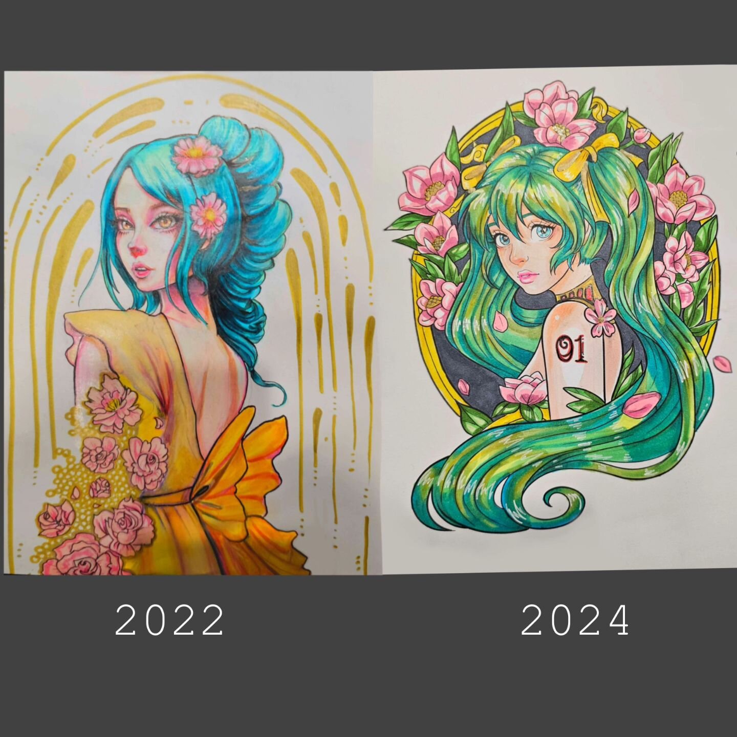 Just a post to show the evolution in my art over a few years by redrawing an older piece. Neither piece is bad- they're just very different stylistically. I'm proud of the growth I've made in my art over the years drawing daily, and I know I still ha