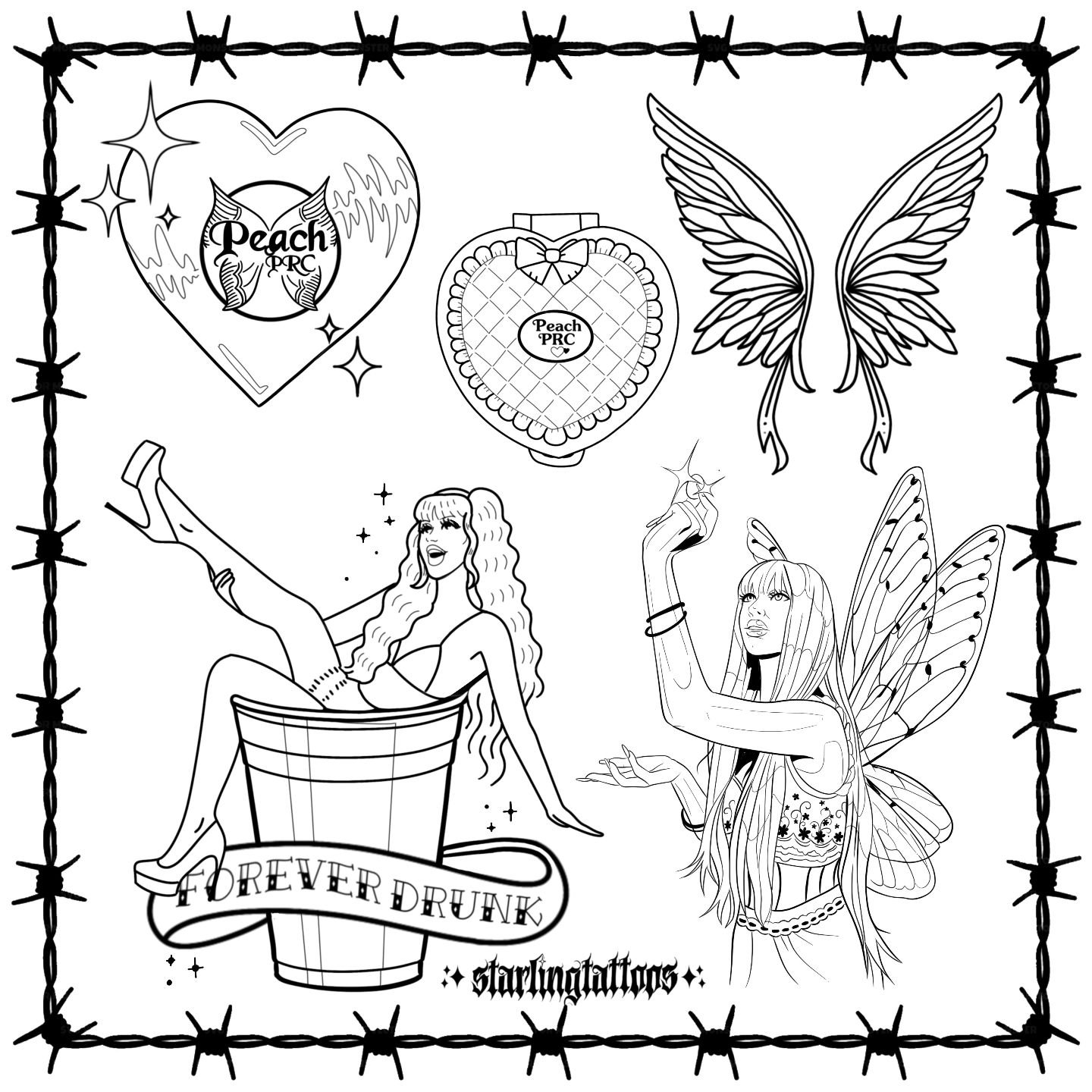 Here's a sheet for all you fans of @peachprc , the true queen of sapphic pop. ❤️🍑🧚&zwj;♀️✨️

I'm located in Portland, OR. If anyone wants one of these tattooed by me in color or black and gray, I'd be stoked to do that for you! 

If you'd still lik