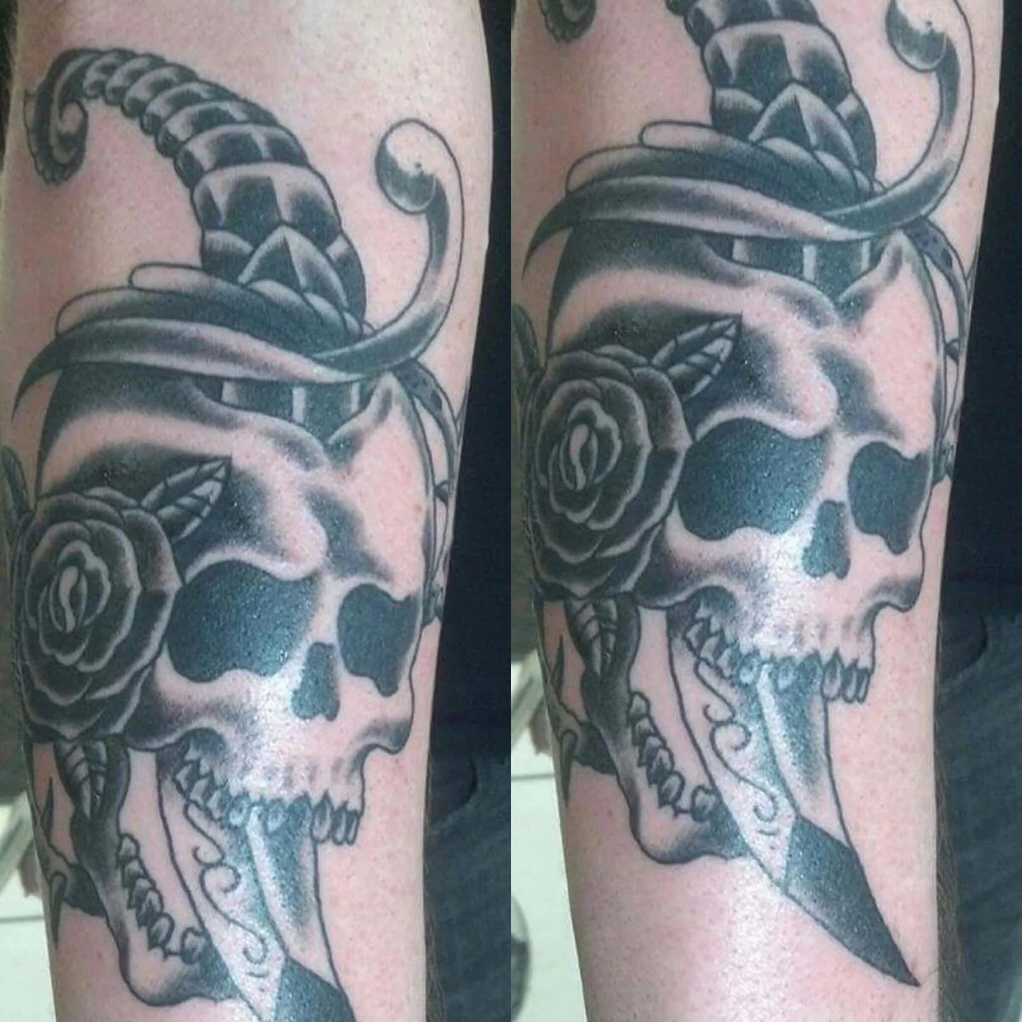 Classic skull dagger and rose done by Gene! Super sick how this turned out! The shading and lil details is just 🧑🏽&zwj;🍳💋!! 
He&rsquo;s available in the shop Wednesday-Sunday. Walk ins welcomed on a first come first serve basis or hit him up to m