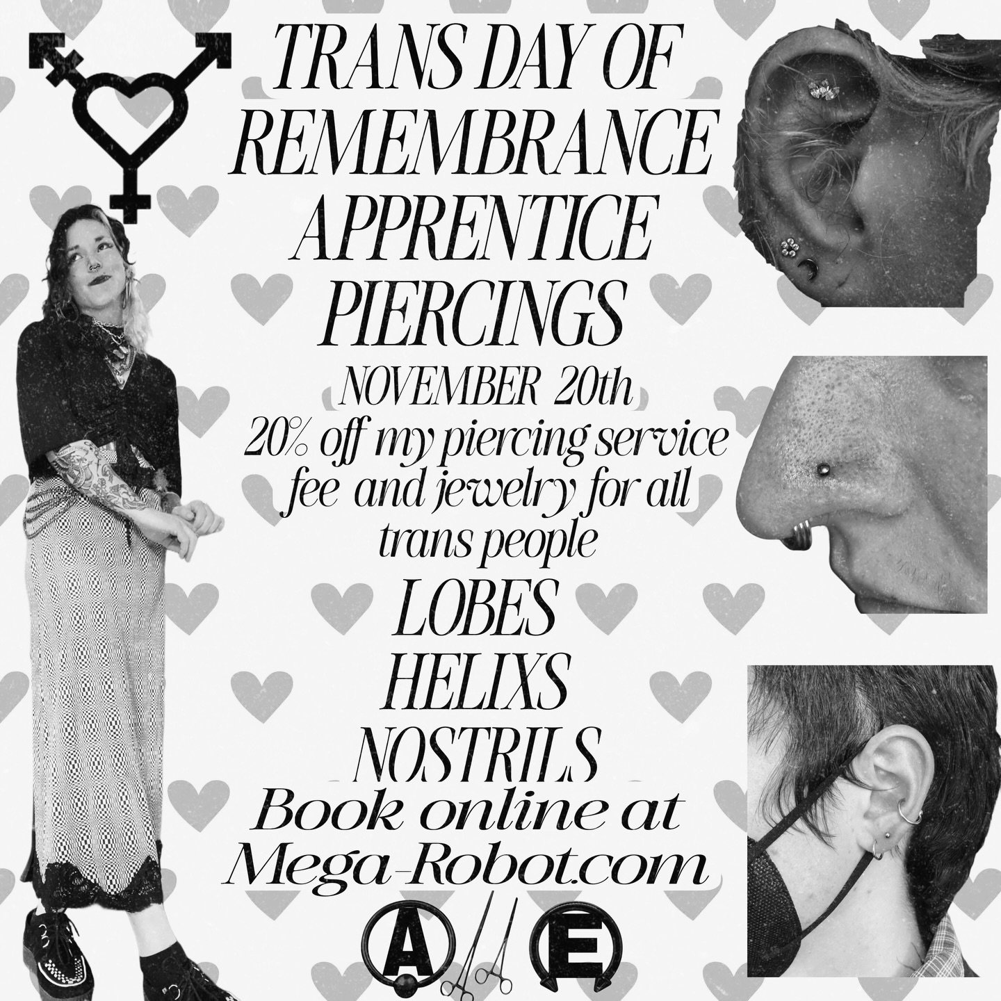 🏳️&zwj;⚧️💕For trans day of remembrance (Nov 20th) our apprentice @may.pierced.it is excited to offer 20% off of the total cost of getting pierced by her to all Trans/Non-binary/gender non conforming baddies and babes. 
She is currently offering Lob