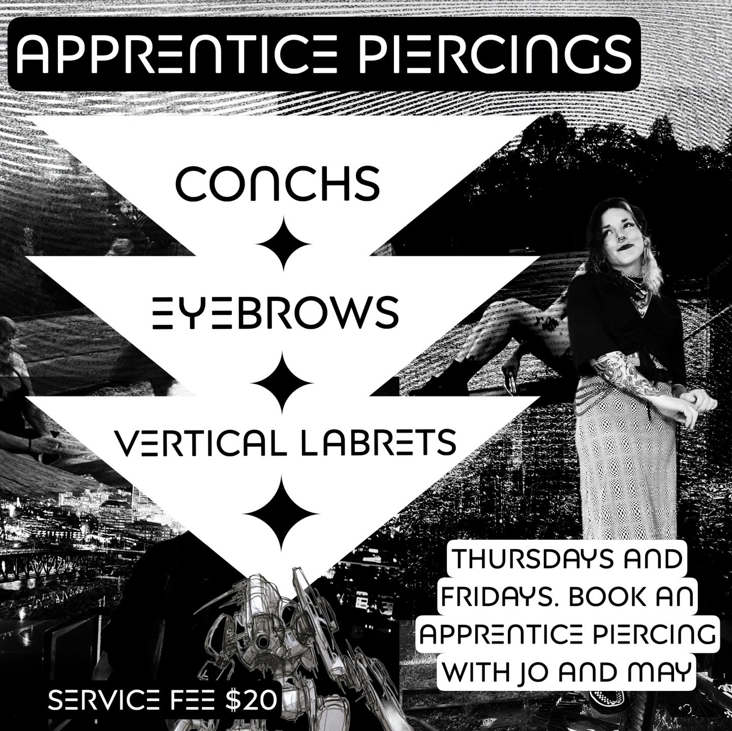 Our apprentice May is growing up so fast and adding a couple of new placements starting this week. Help her learn a thing or two while having your piercing monitored by a piercer with 20 years of experience. May is super excited to now offer:
&mdash;