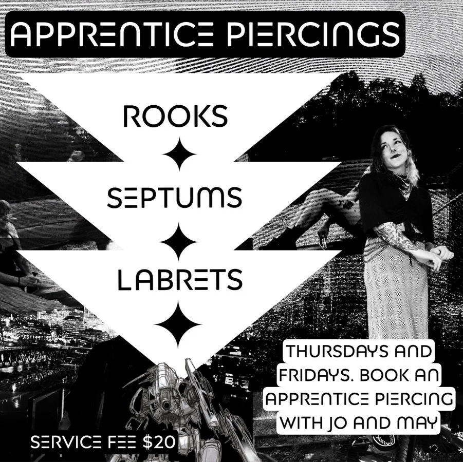 Level up! 
Starting this week May will start offering 
Rooks/Septums/labrets
All standard gauge no large gauge stuff quite yet 
Service fee is $20 
Book with Jo on Thursdays or Fridays under the apprentice piercing services option on our website. 
Th