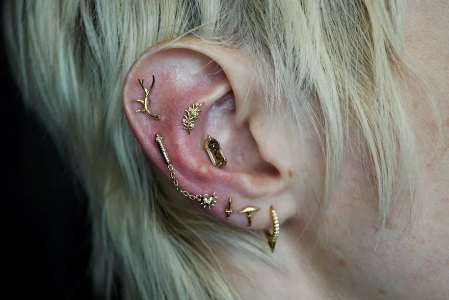 A fresh pair of Helix piercings performed by @jojorobot for Olivia with the duo top &lsquo;Trauma Bond&rsquo; from Regalia! Olivia always comes in with the most beautiful and fresh tops to add to her ear. I absolutely adore this setup and when Olivia