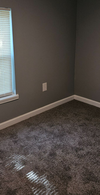 Empty room with gray walls, gray carpet, a window with blinds, and a white electrical outlet.