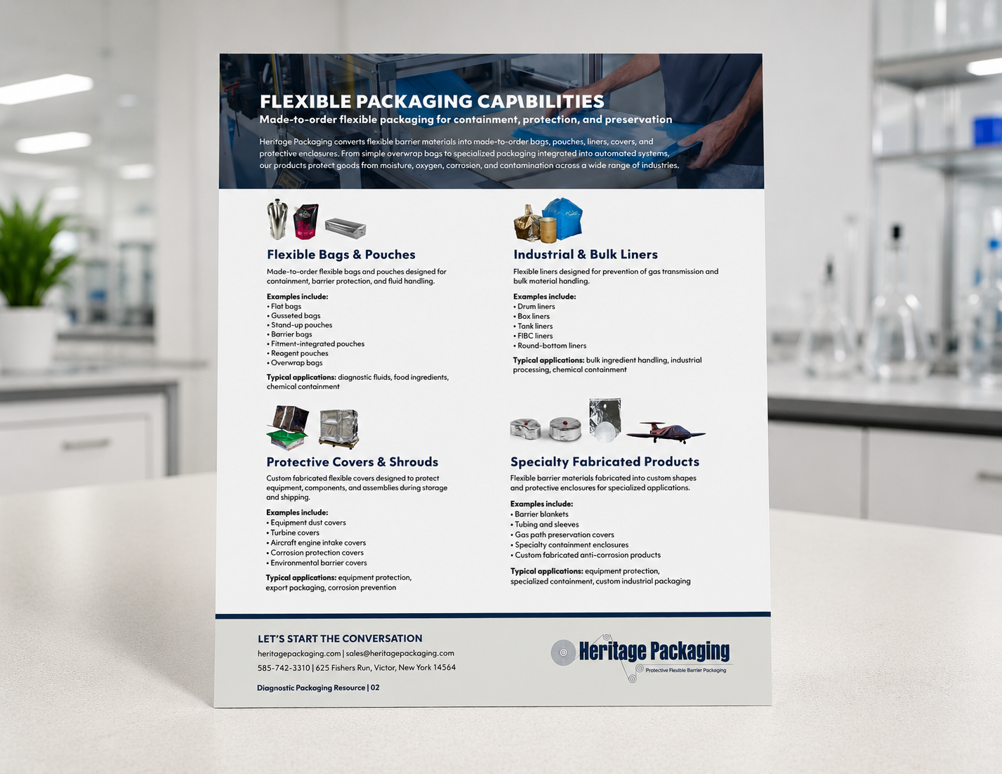 Heritage Packaging custom flexible packaging capabilities guide featuring custom bags, pouches, liners, and protective covers