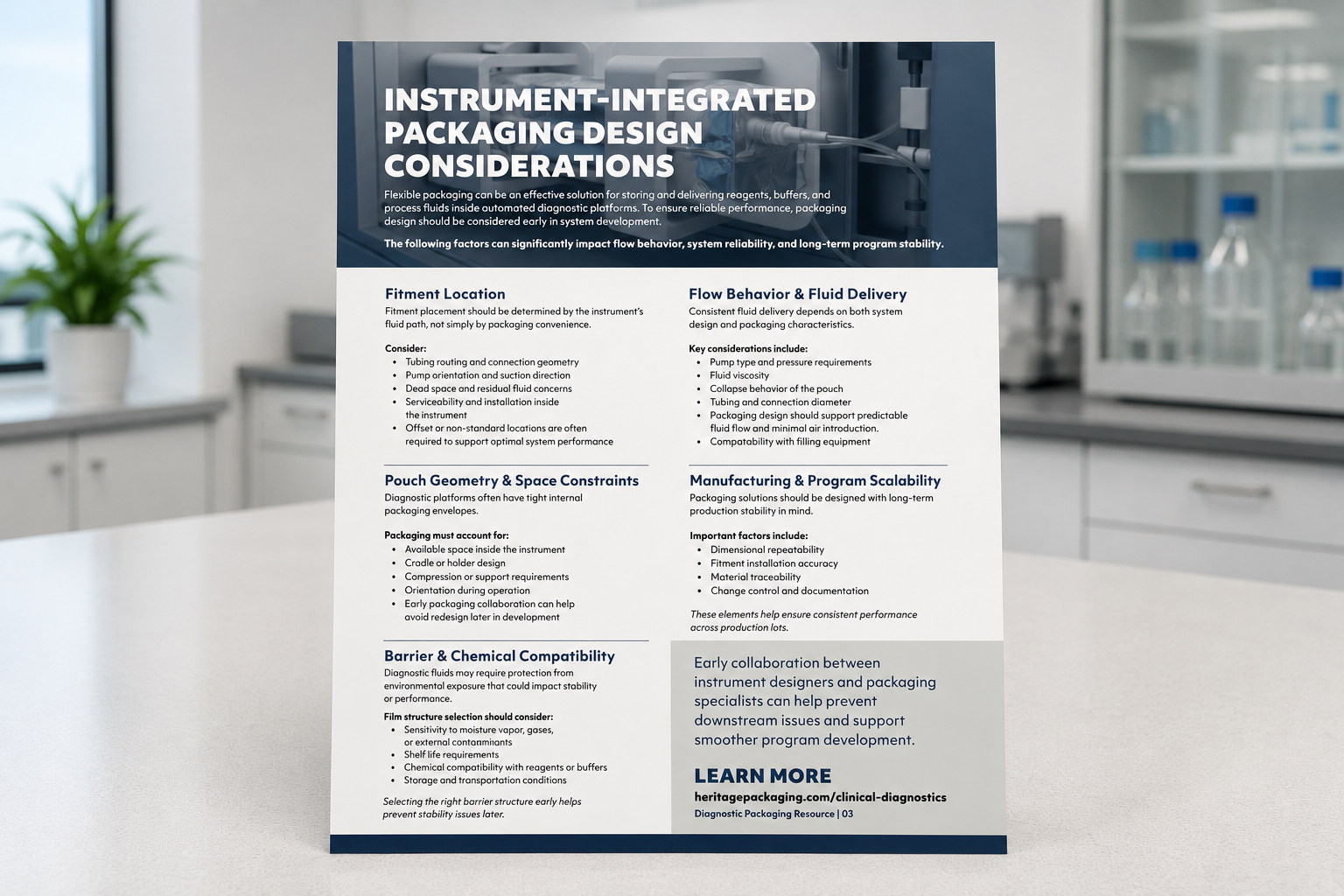 Instrument-integrated packaging design guide covering fitment placement, barrier materials, and pouch geometry