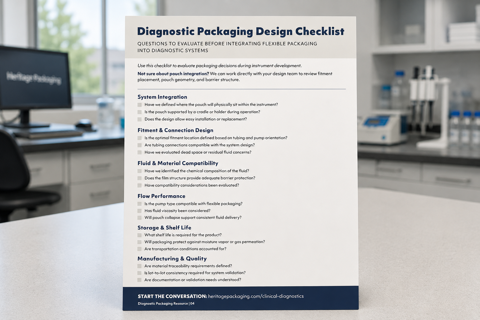 Diagnostic packaging design checklist for evaluating flexible pouch integration into diagnostic instruments