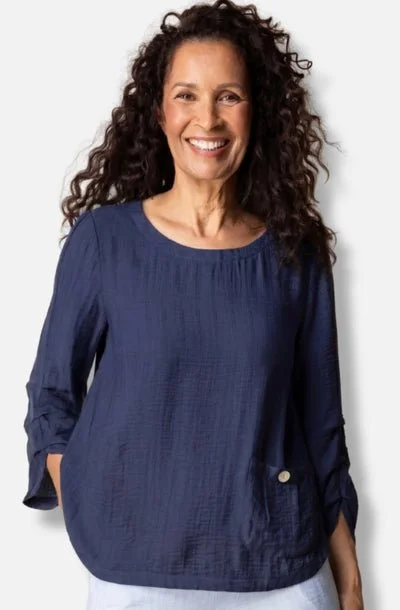 Rayon Jacquard Pleat Pullover - Navy