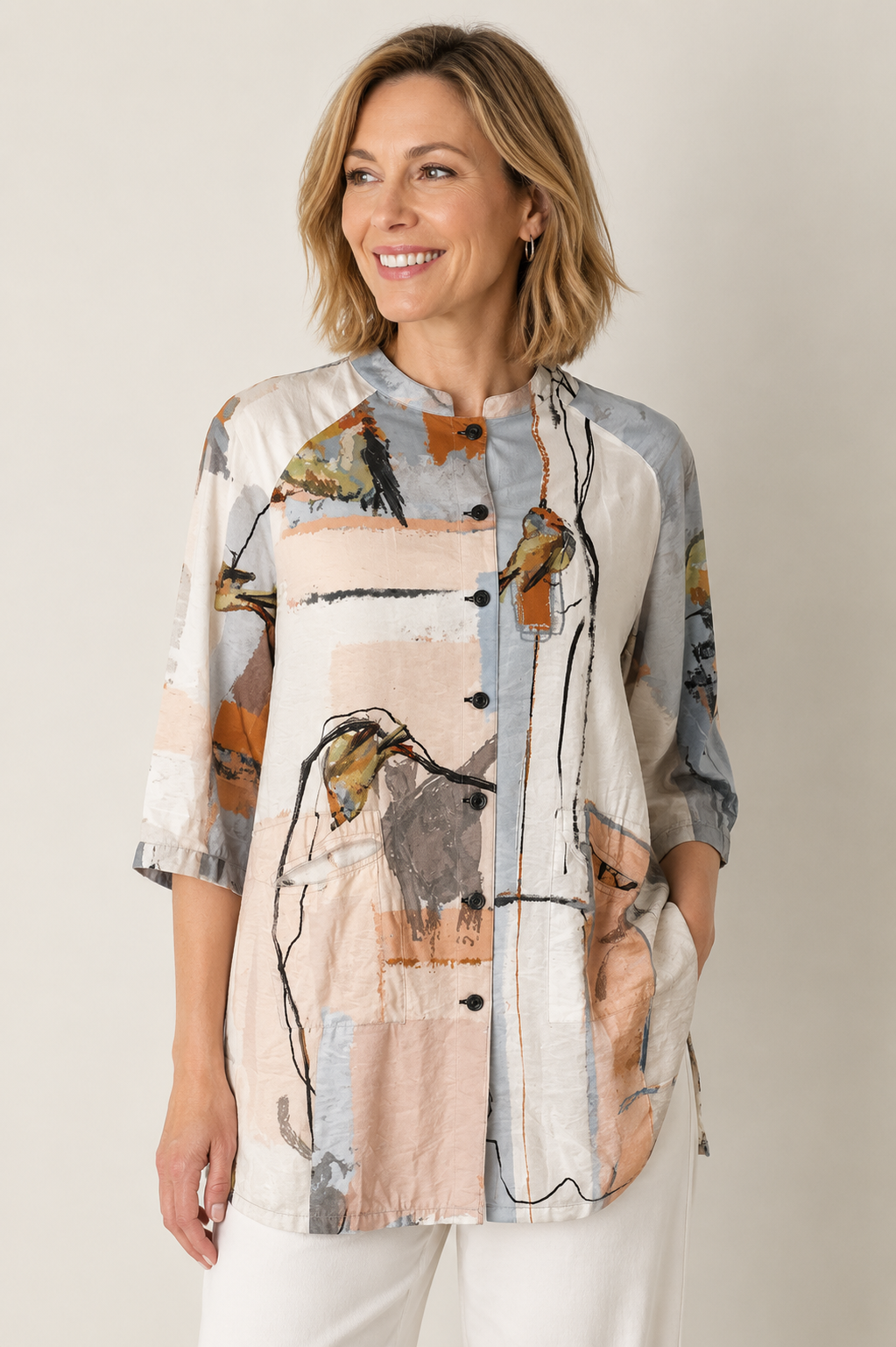 Collarless Button Top - Birdb