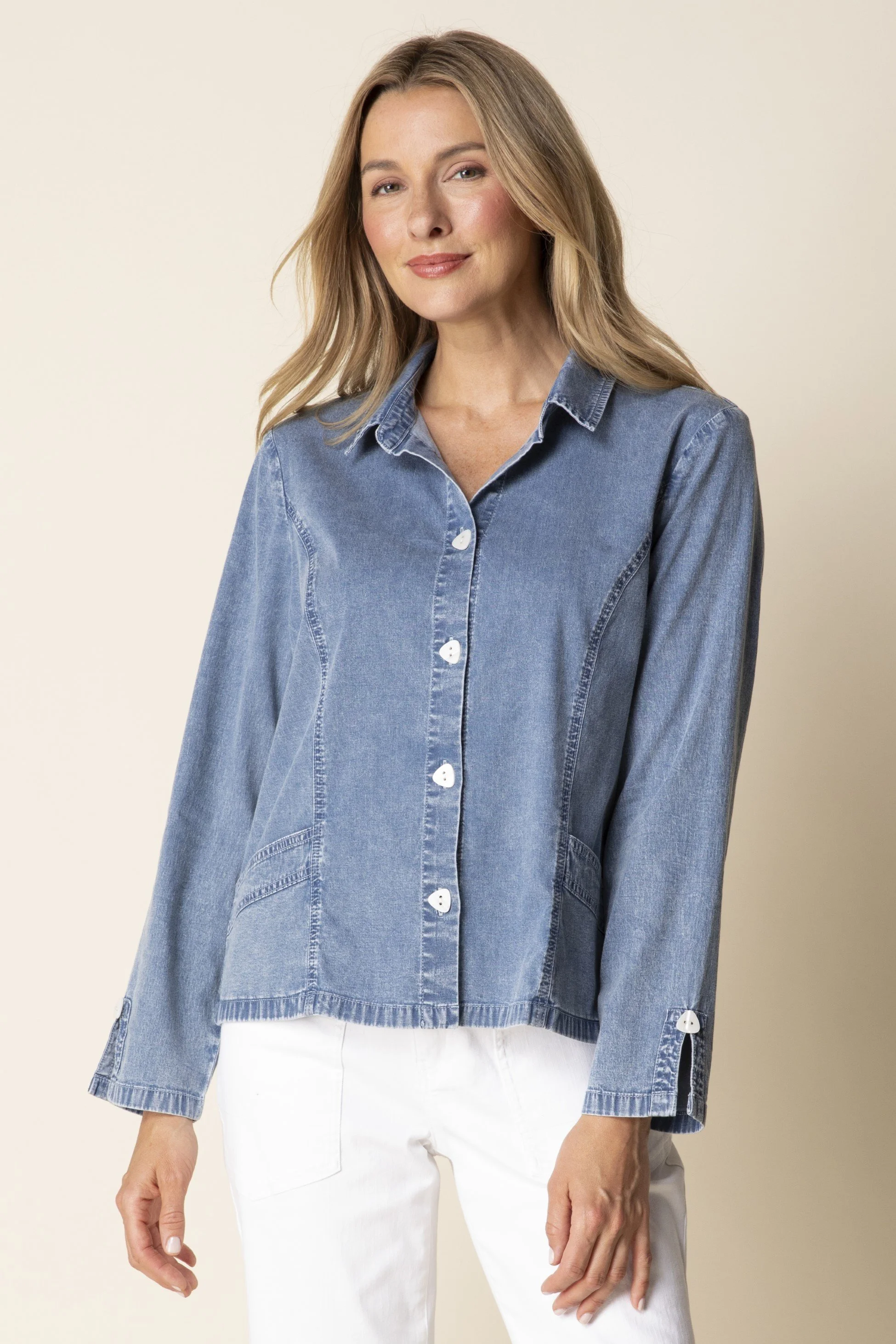 Stretch Denim Cafe Jacket- Light Denim