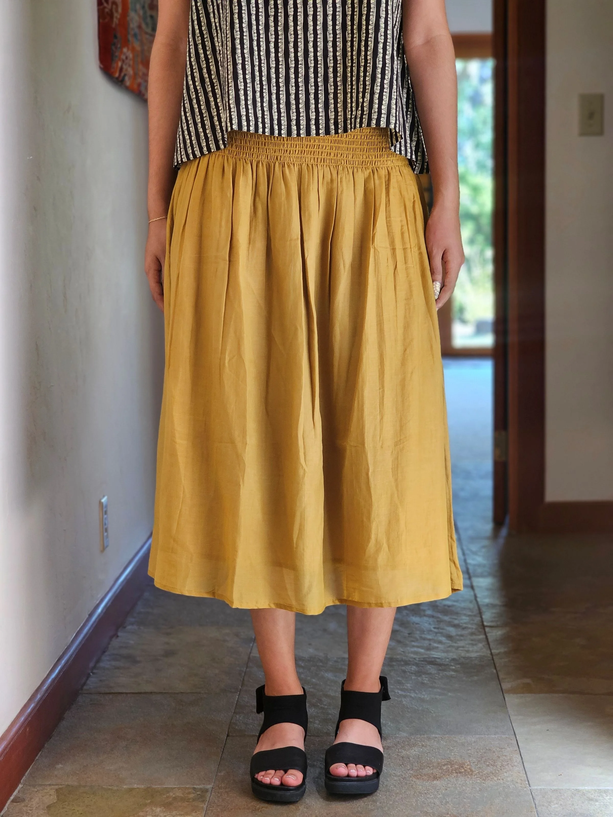 AR26-16 - Smocked Silk Skirt - Gold