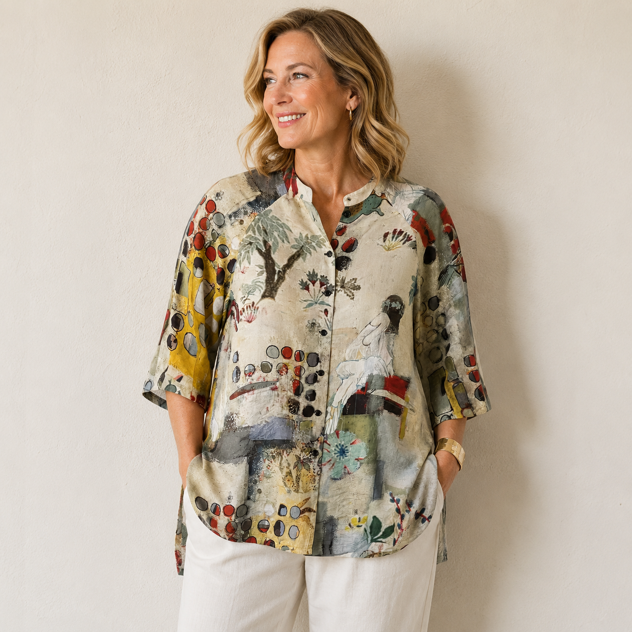 Collarless Button Top - Flwb