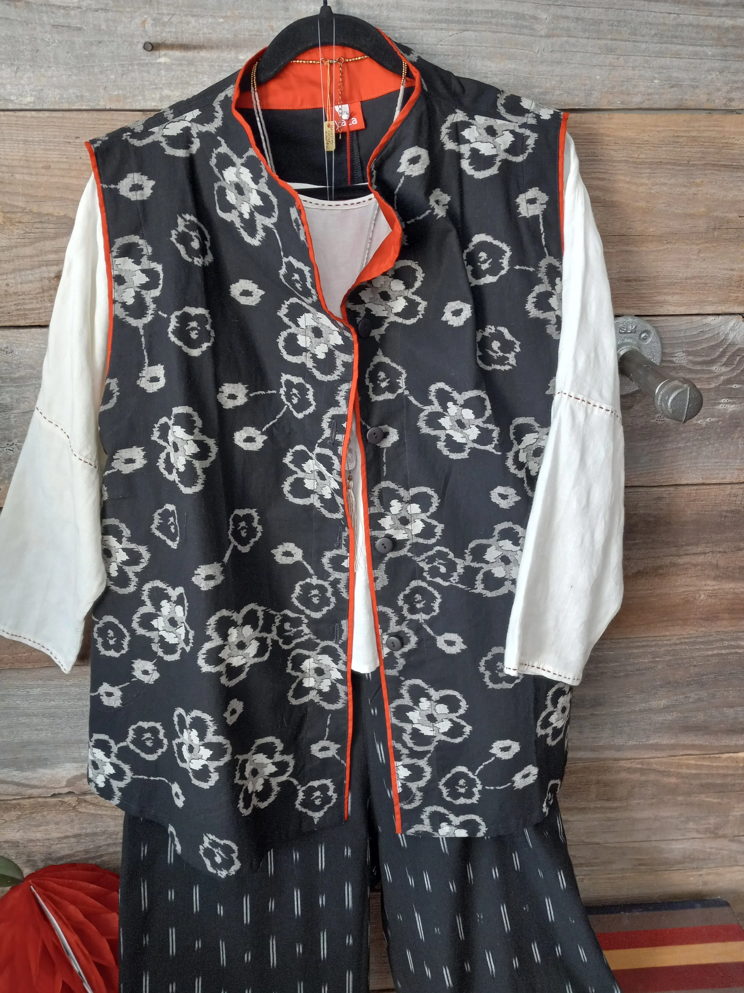 Ikat Print Vest Black with contrast piping