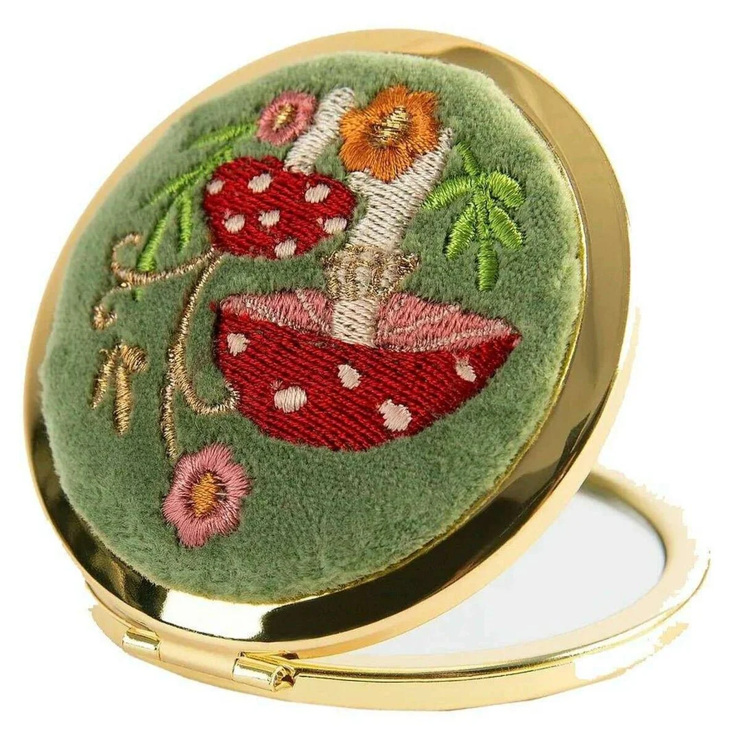 Powder Embroidered Toadstools Compact Mirror - Sage Green