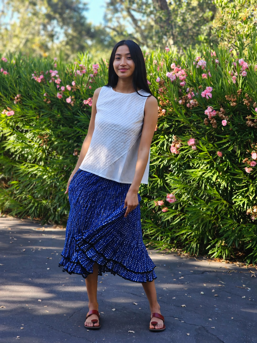 DR25-04 Twirl Skirt Double Layer Hem - Indigo Dots