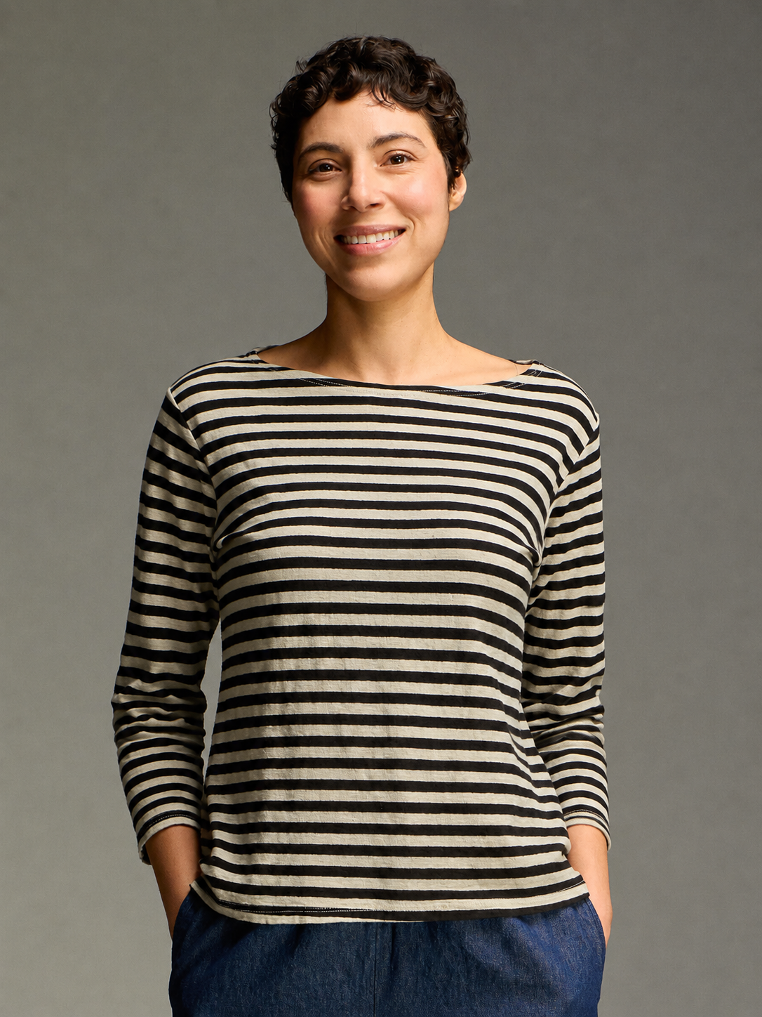 3/4 SLV Black Stripe Boatneck Top - Leek