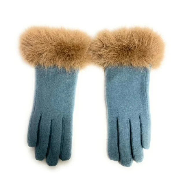 Solid Wool Glove with Faux Fur Cuff - Blue