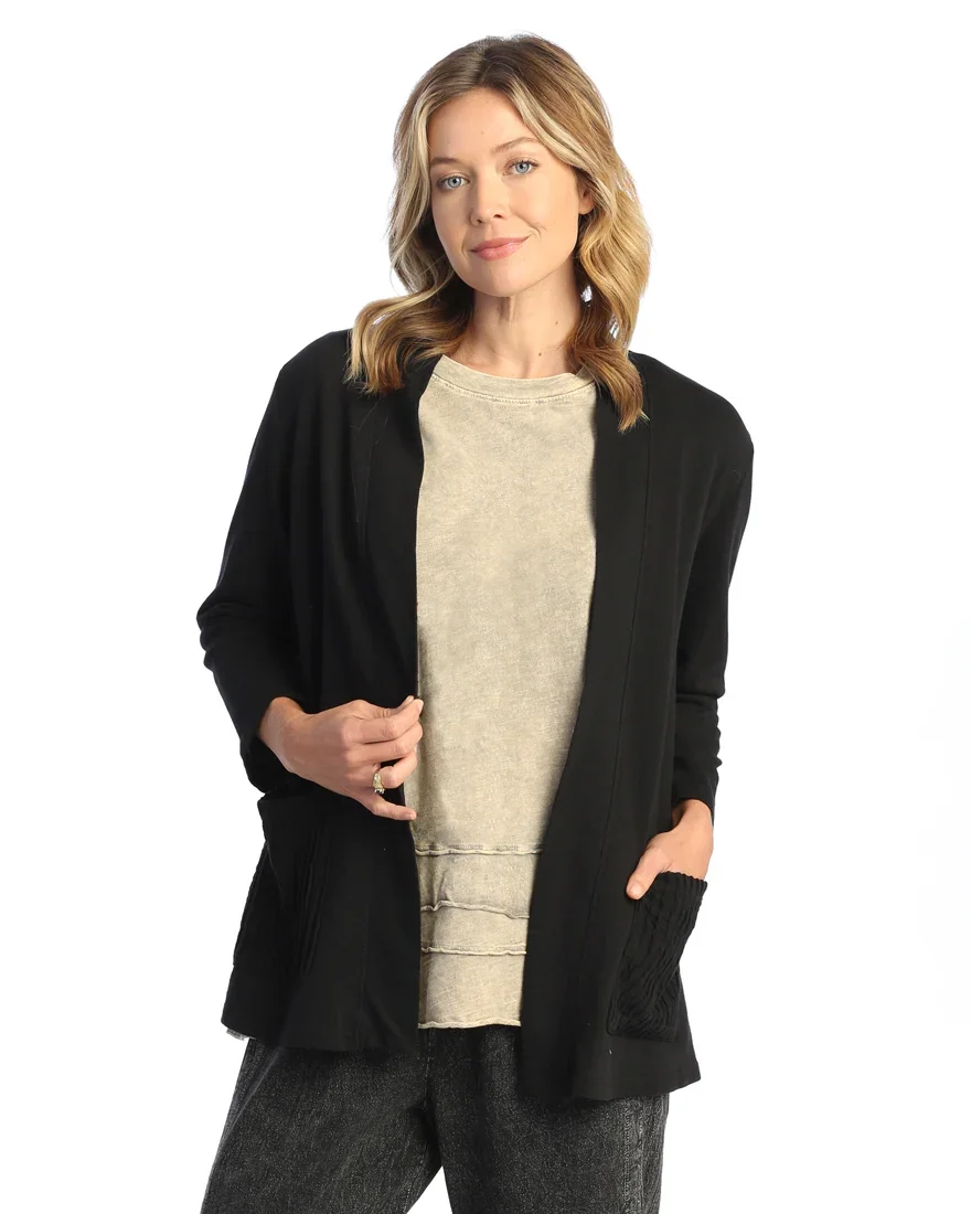 Jet Black - Mineral Washed French Terry Kimono Jacket With Patch Pockets
