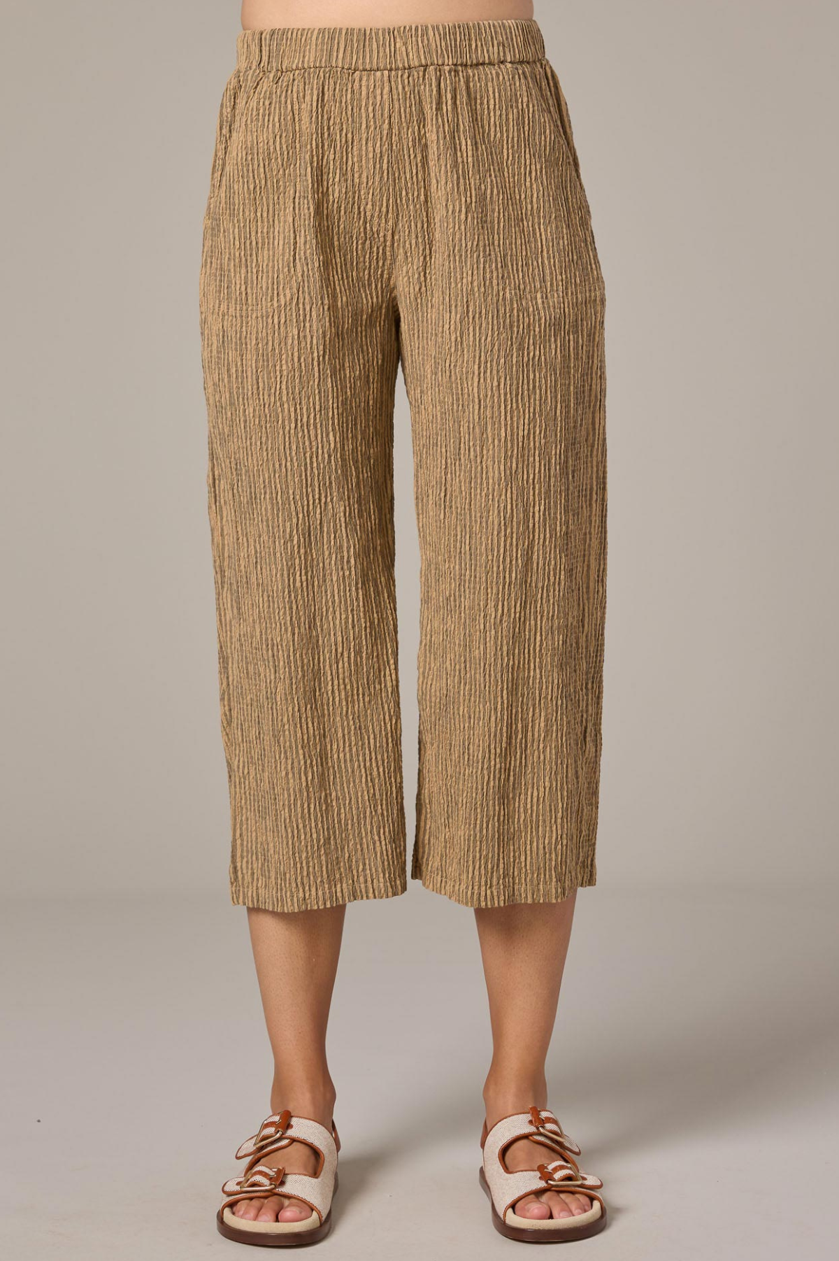 Grey Stripe Crinkle Easy Crop Pant - Bark