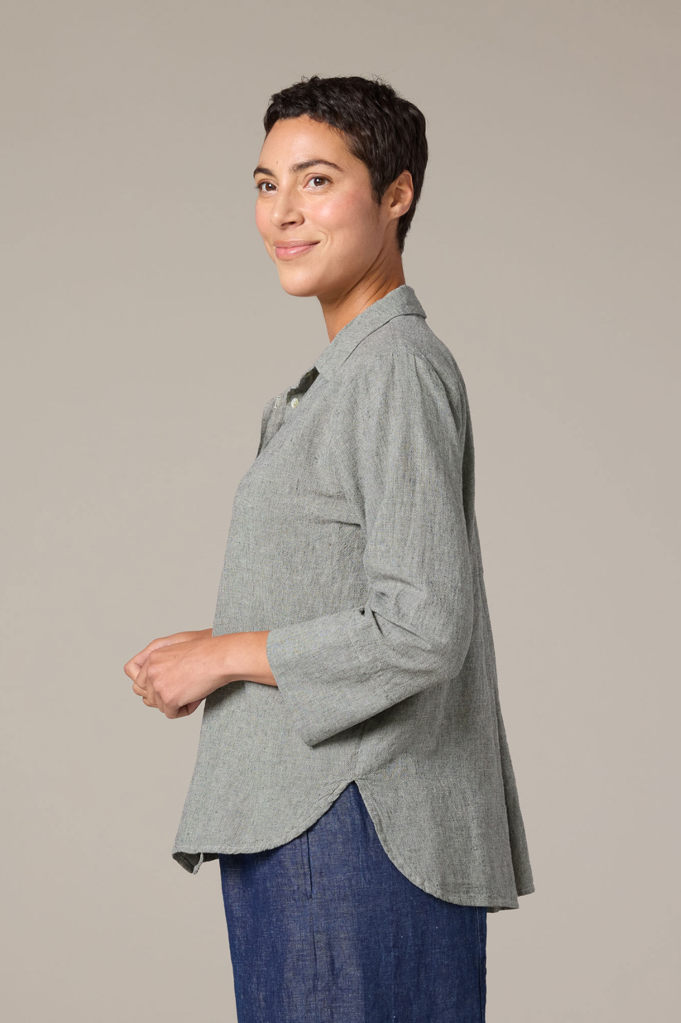 Crosshatch Linen Cotton Crop Easy Shirt - Balsam Green — Yaza