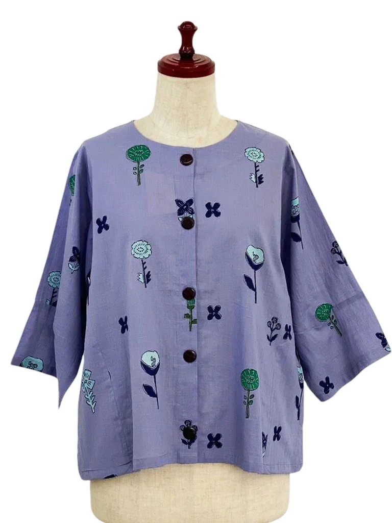 254358-PU - Simple Crop Jacket - Flowers Print - Purple