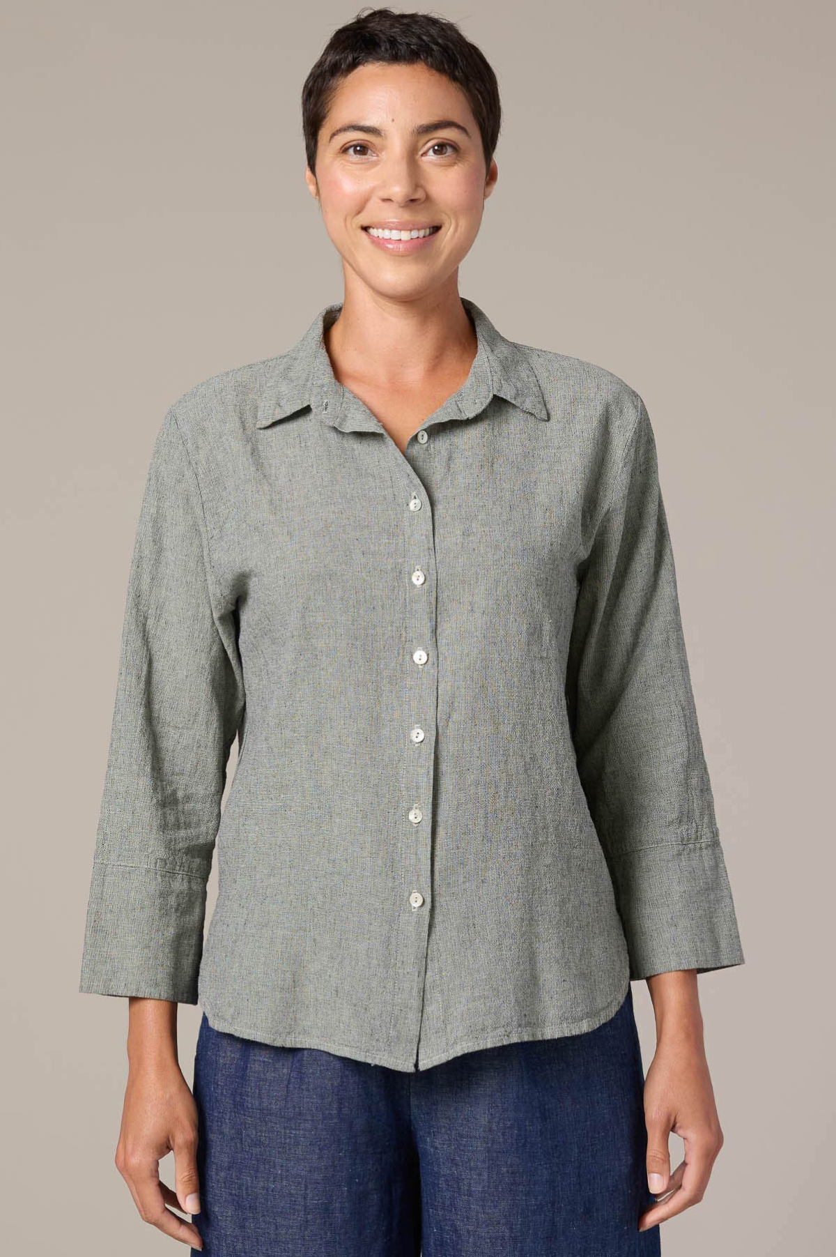 Crosshatch Linen Cotton Crop Easy Shirt  - Balsam Green