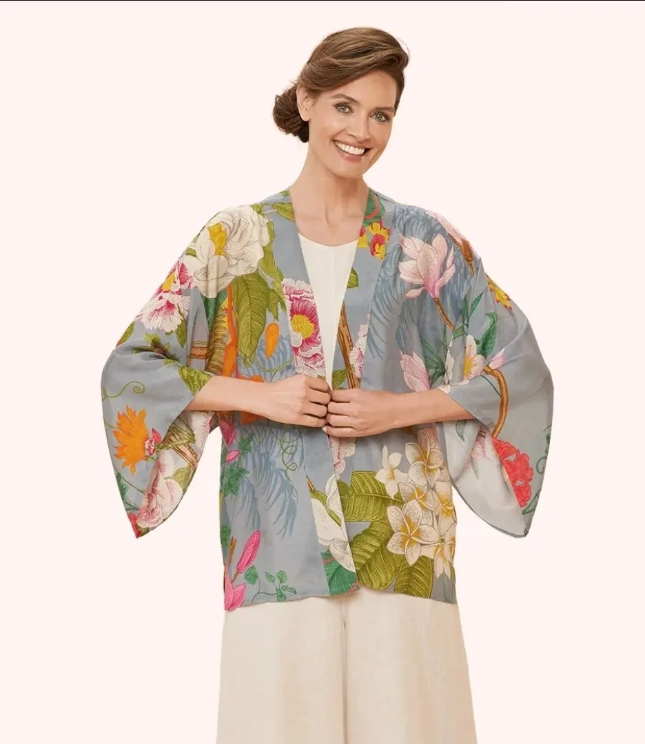 Tropical Flora and Fauna in Lavender Kimono Jacket