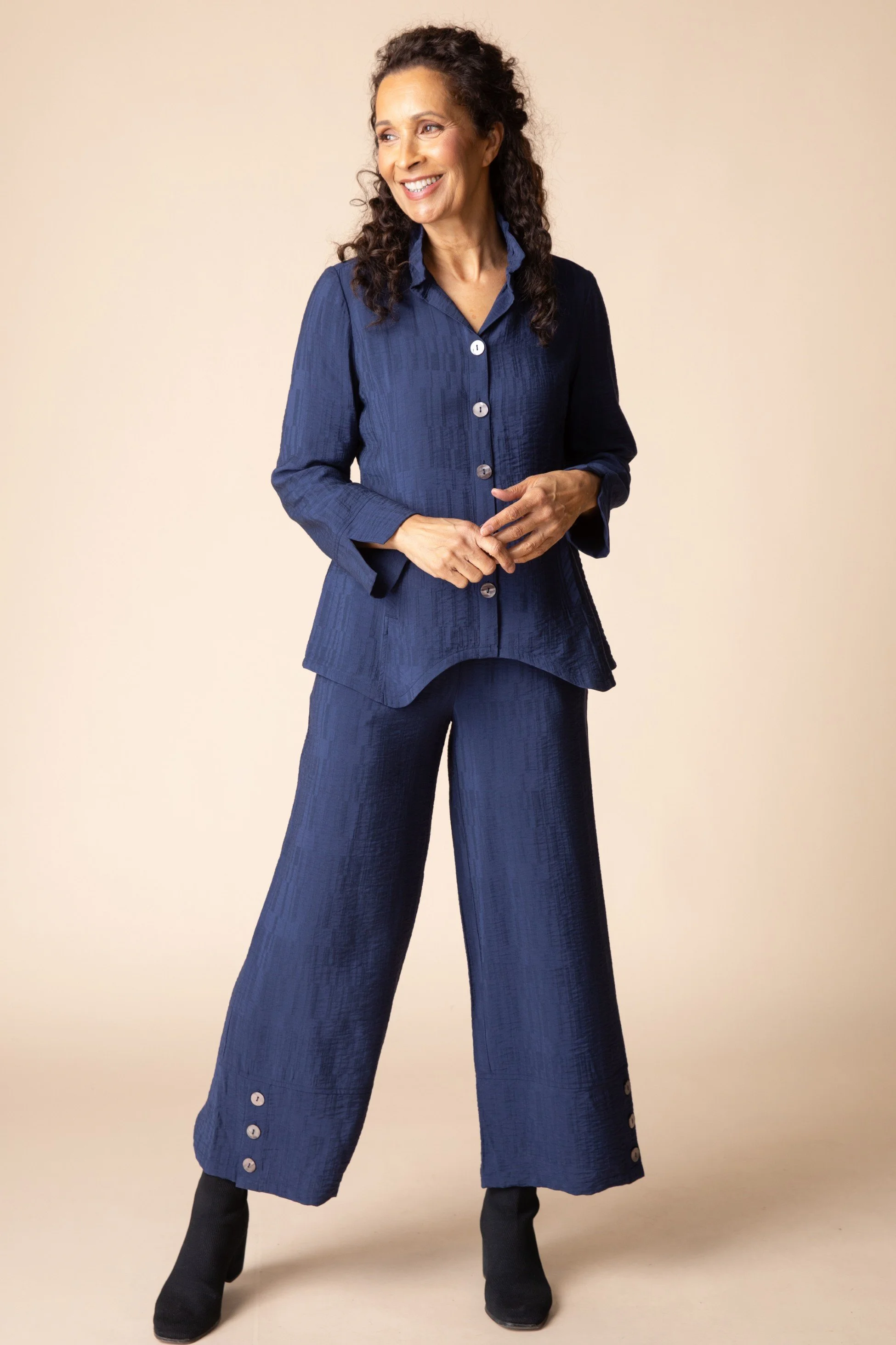Rayon Jacquard Button Hem Pant - Navy