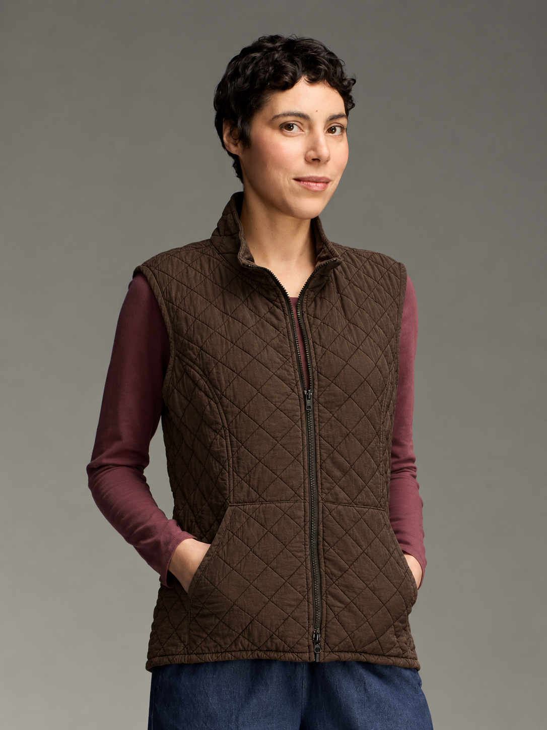 Zip Front Quilted Vest - Choco