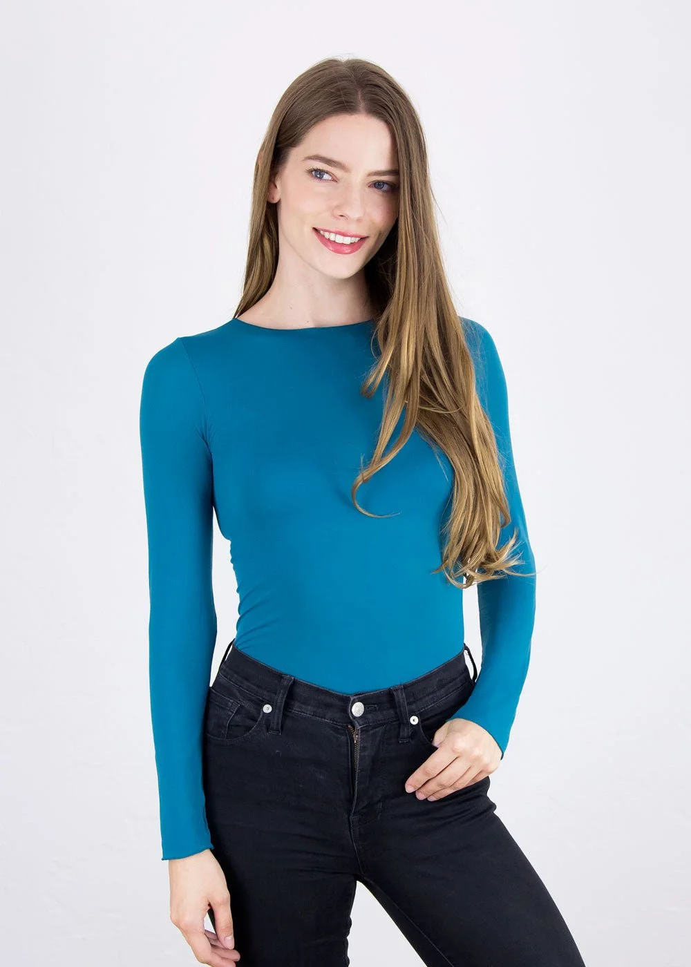 Solid Raw Edge Neck Second Skin Top - Shaded Teal