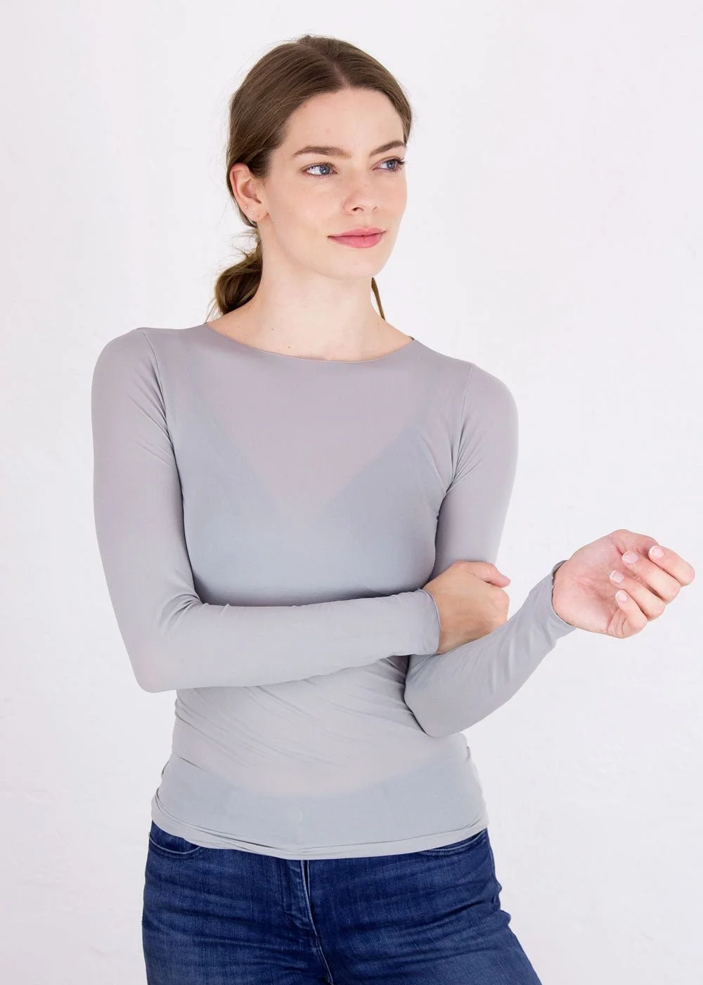 Solid Raw Edge Neck Second Skin Top - Neutral Gray