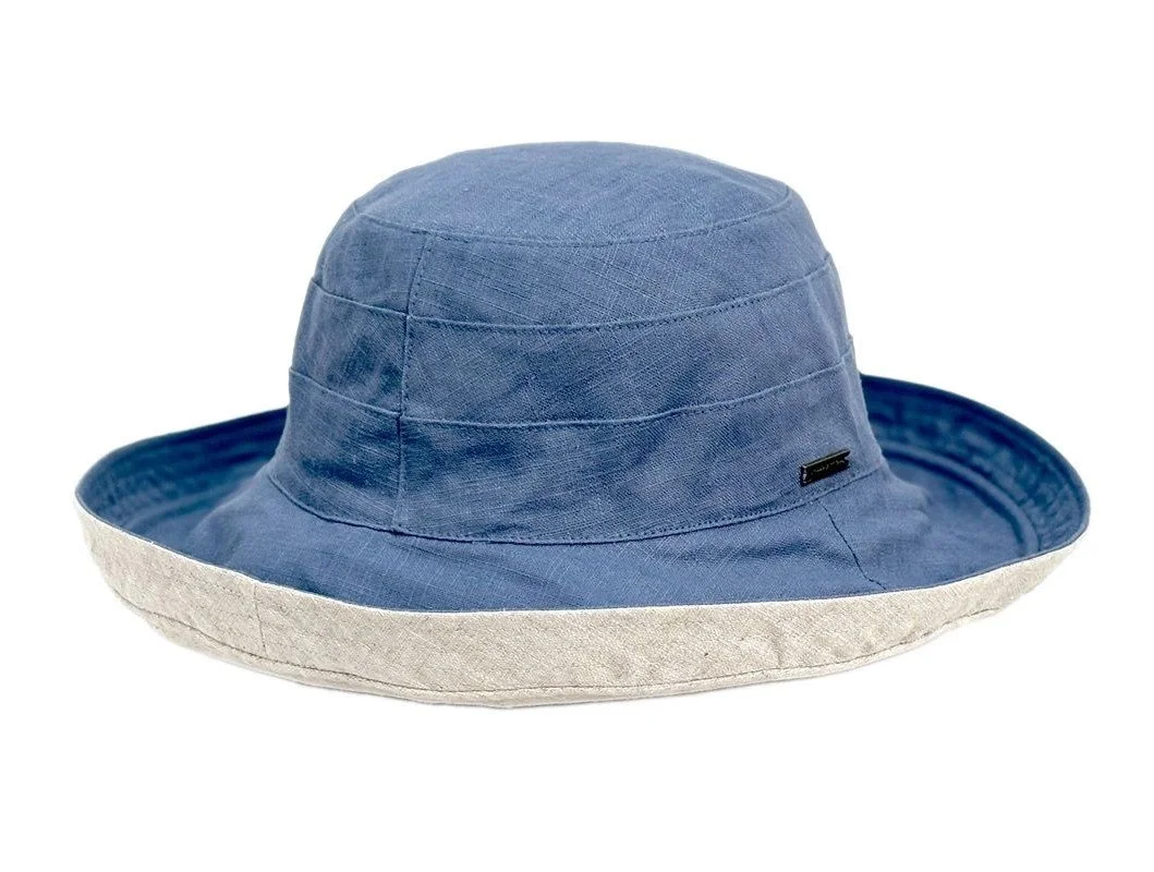Reversible Cloth Sun Hat with Flexible Brim - Blue/Beige