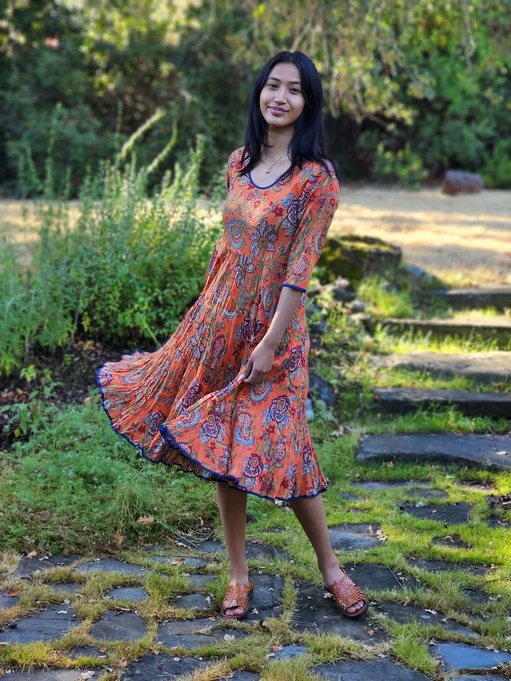 Twirl Dress 3/4 Slv - Papaya Yaza Twirl Dress 3/4 Slv - Papaya Yaza